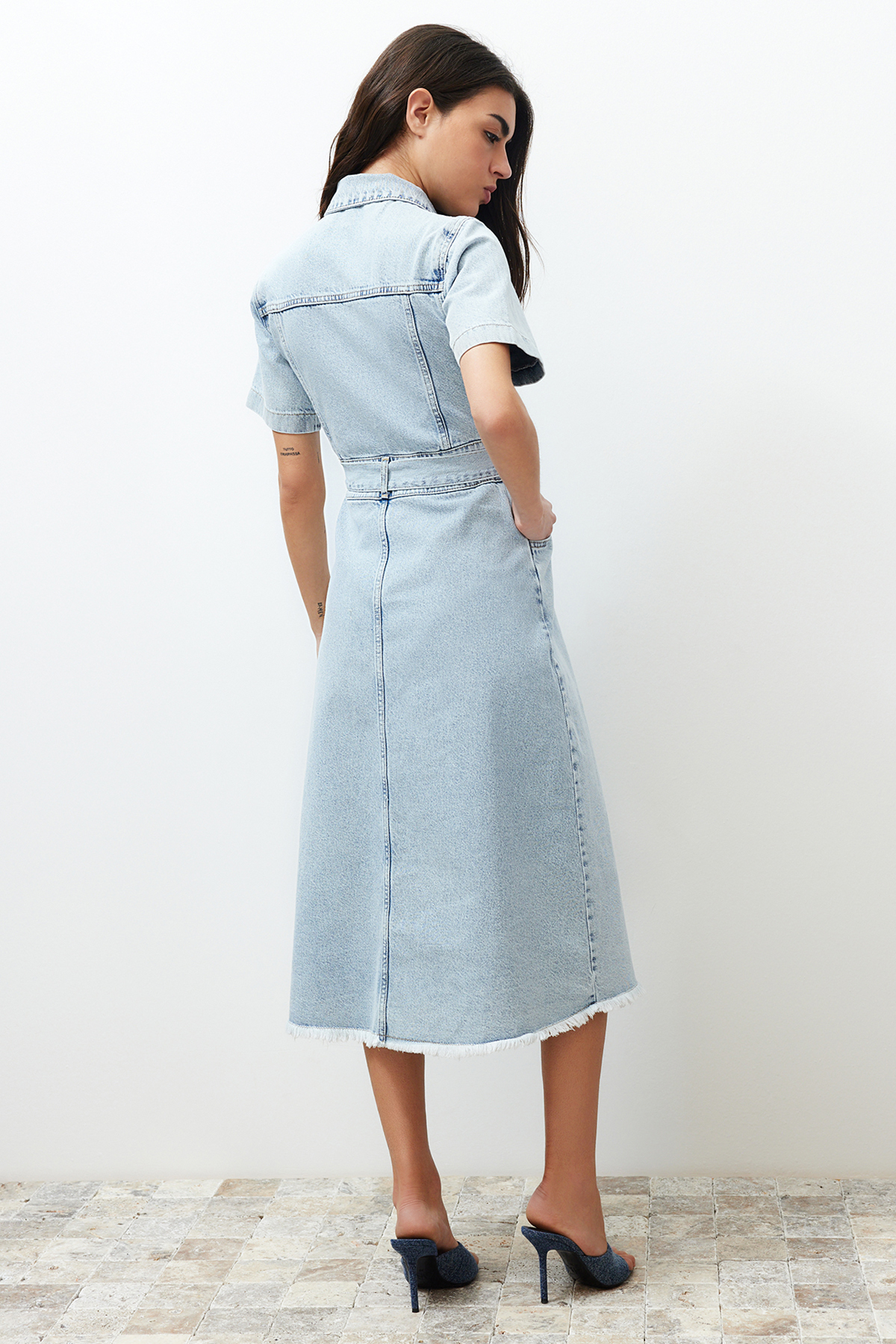 Trendyol Blue Belt Maxi Denim Dress