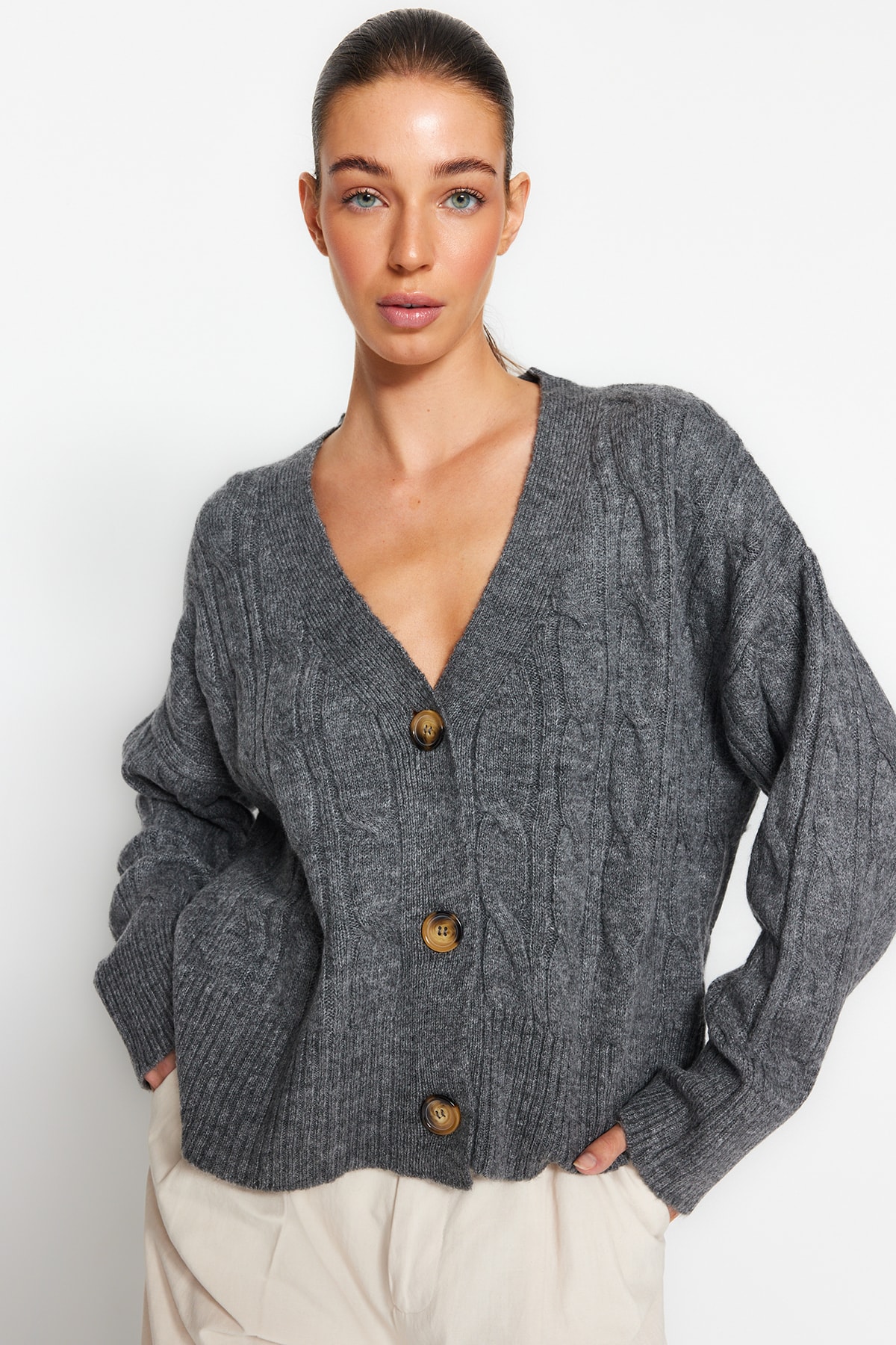 Trendyol Gray Soft-Textured Knitwear Sweater Cardigan