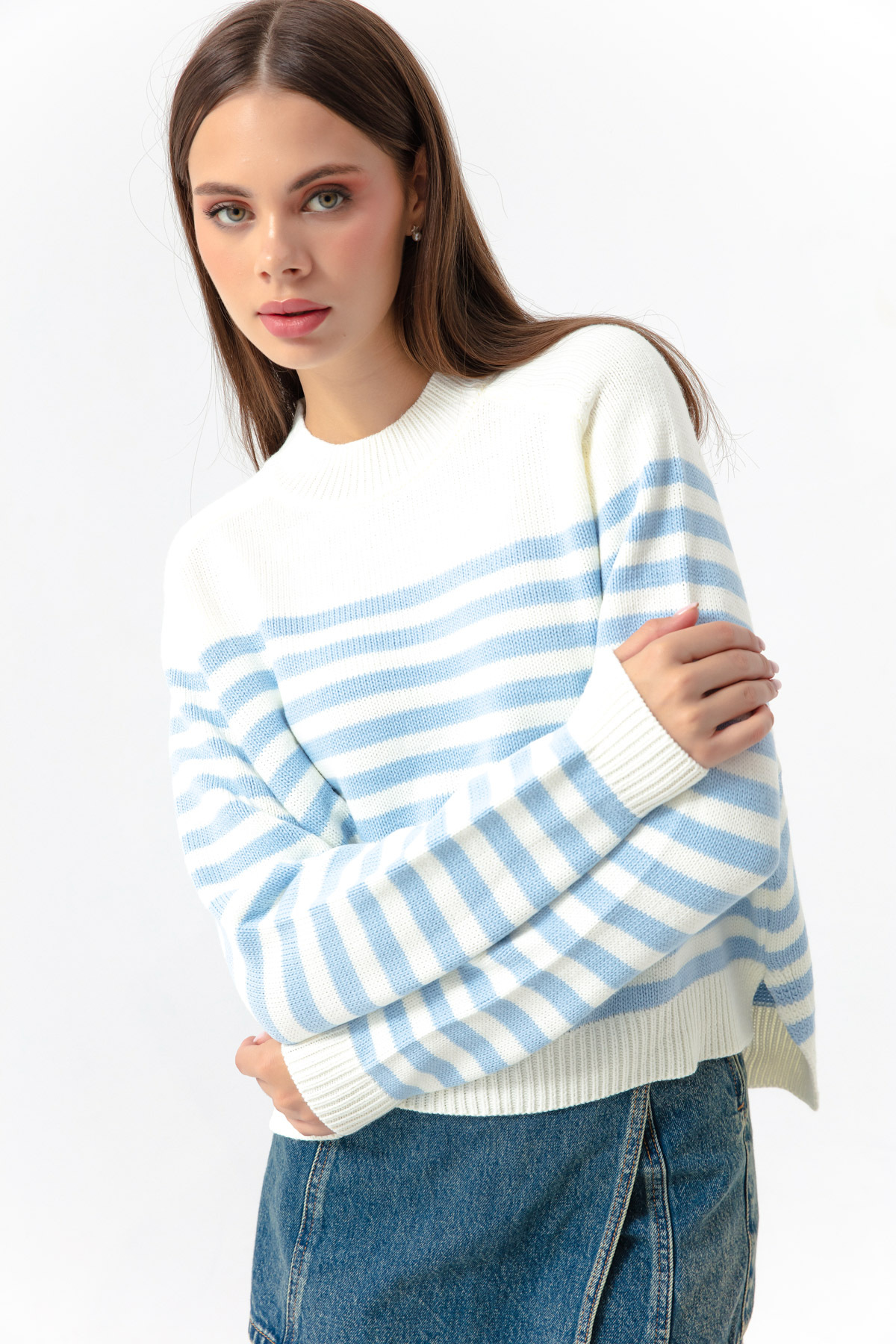 Lafaba Women's Baby Blue Turtleneck Striped Knitwear Sweater