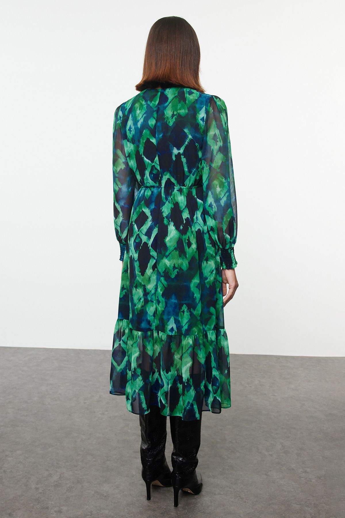 Trendyol Green Abstract Patterned Waist Opening Lined Midi Chiffon Woven Dress