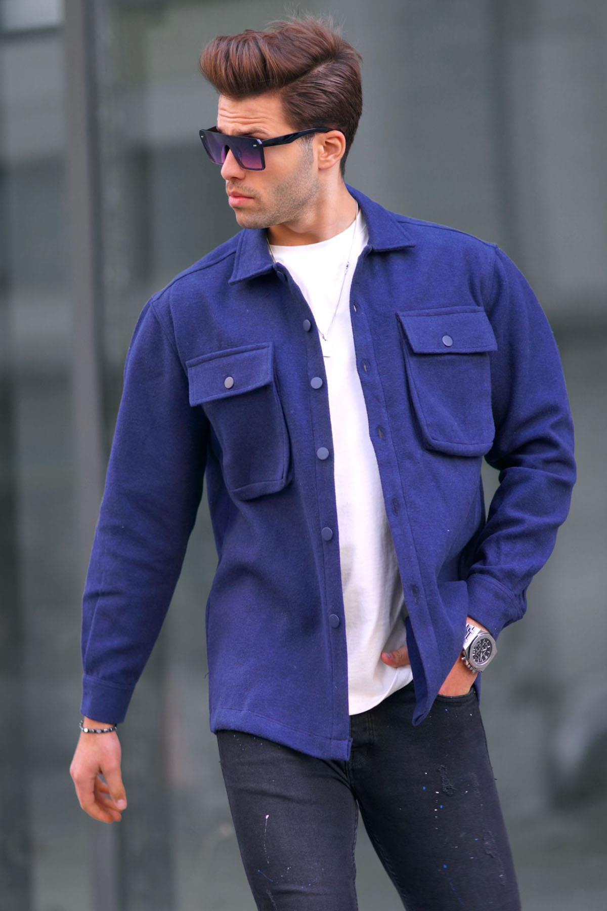 Levně Madmext Men's Navy Blue Oversize Lumberjack Shirt 6709