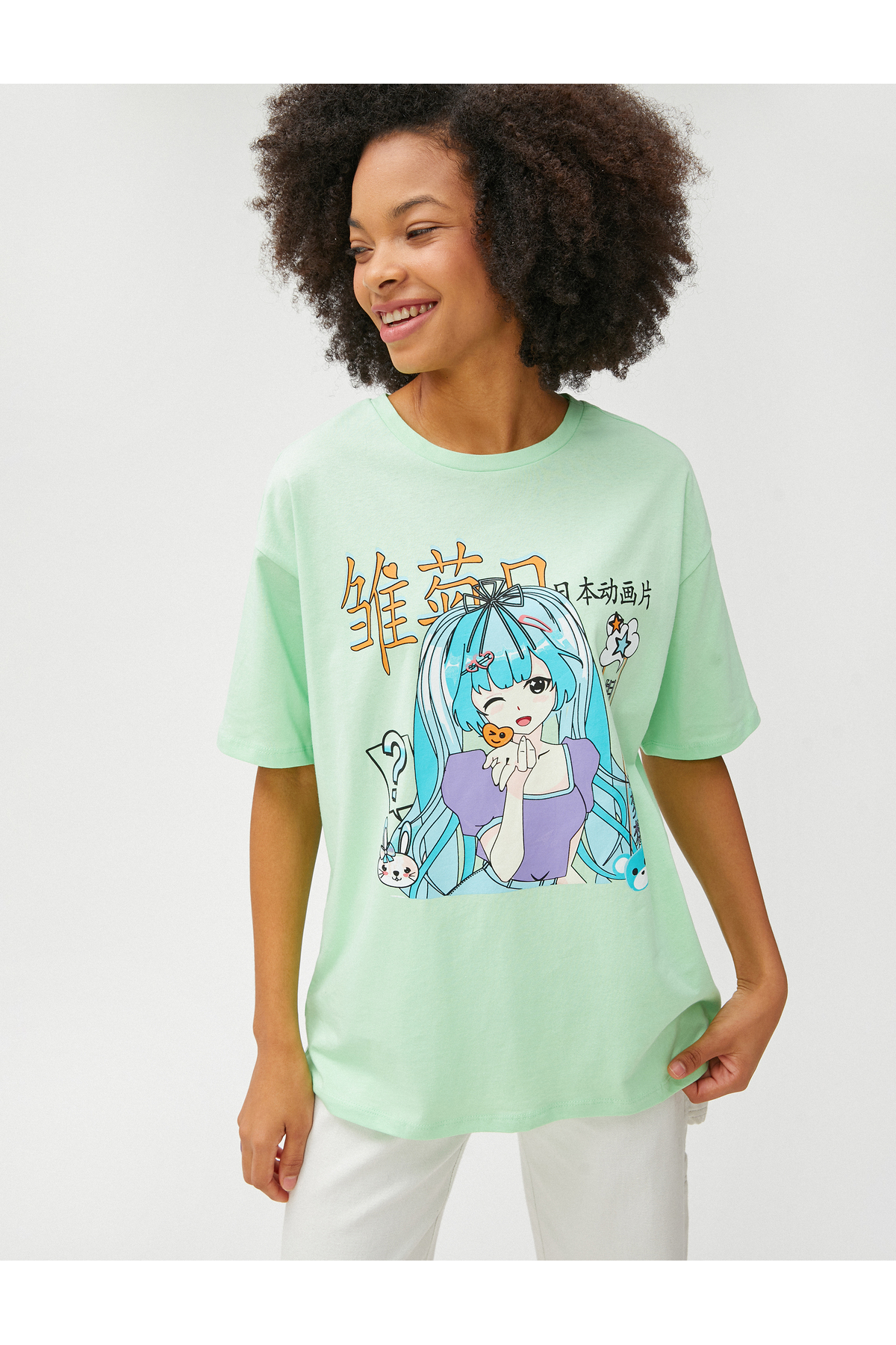 Levně Koton Anime T-Shirt Oversize Crew Neck Short Sleeve Cotton