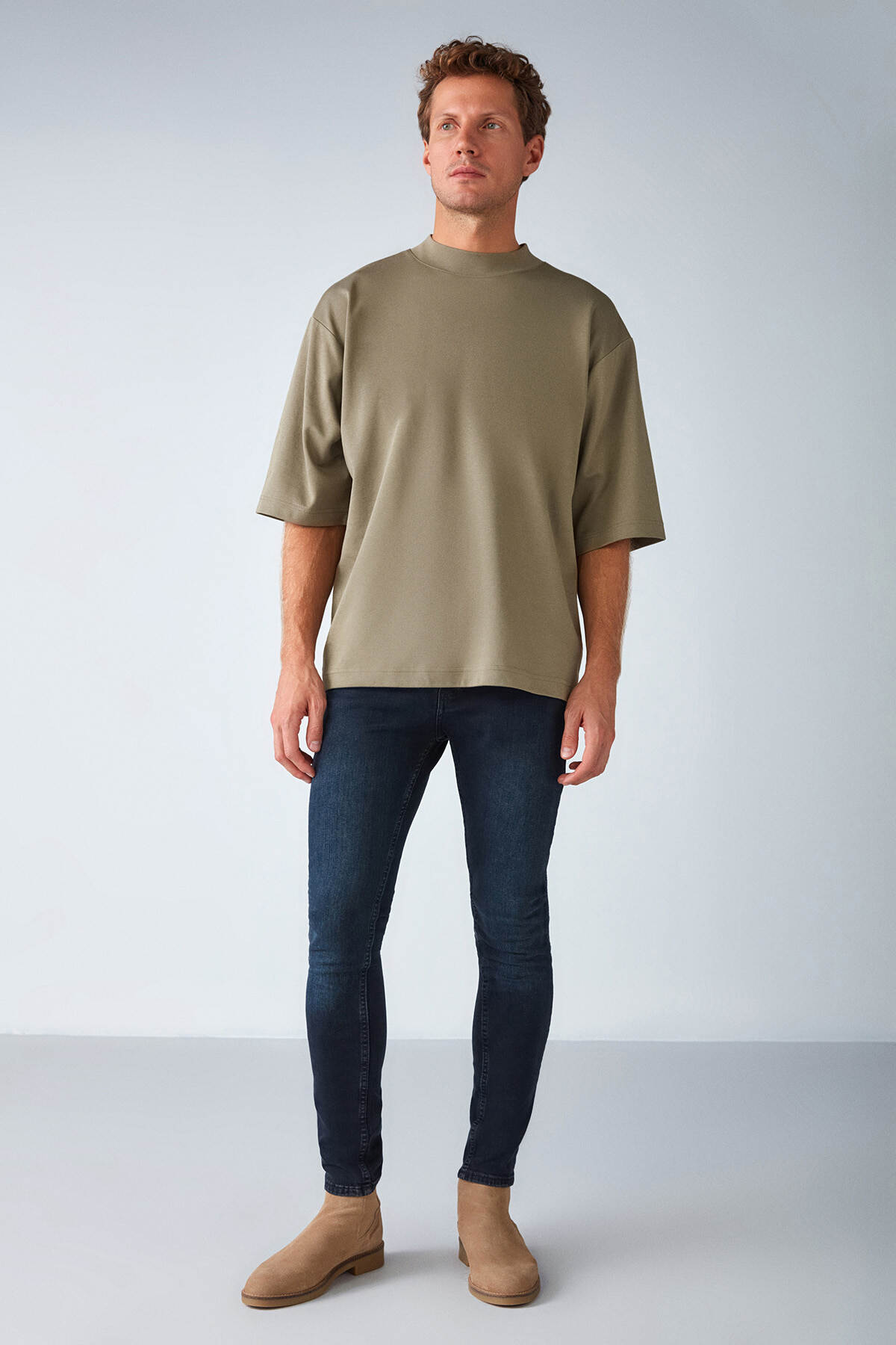 Levně GRIMELANGE Ascolı Men's Oversize Fit Special Thick Textured Fabric High Collar Khaki T-shirt
