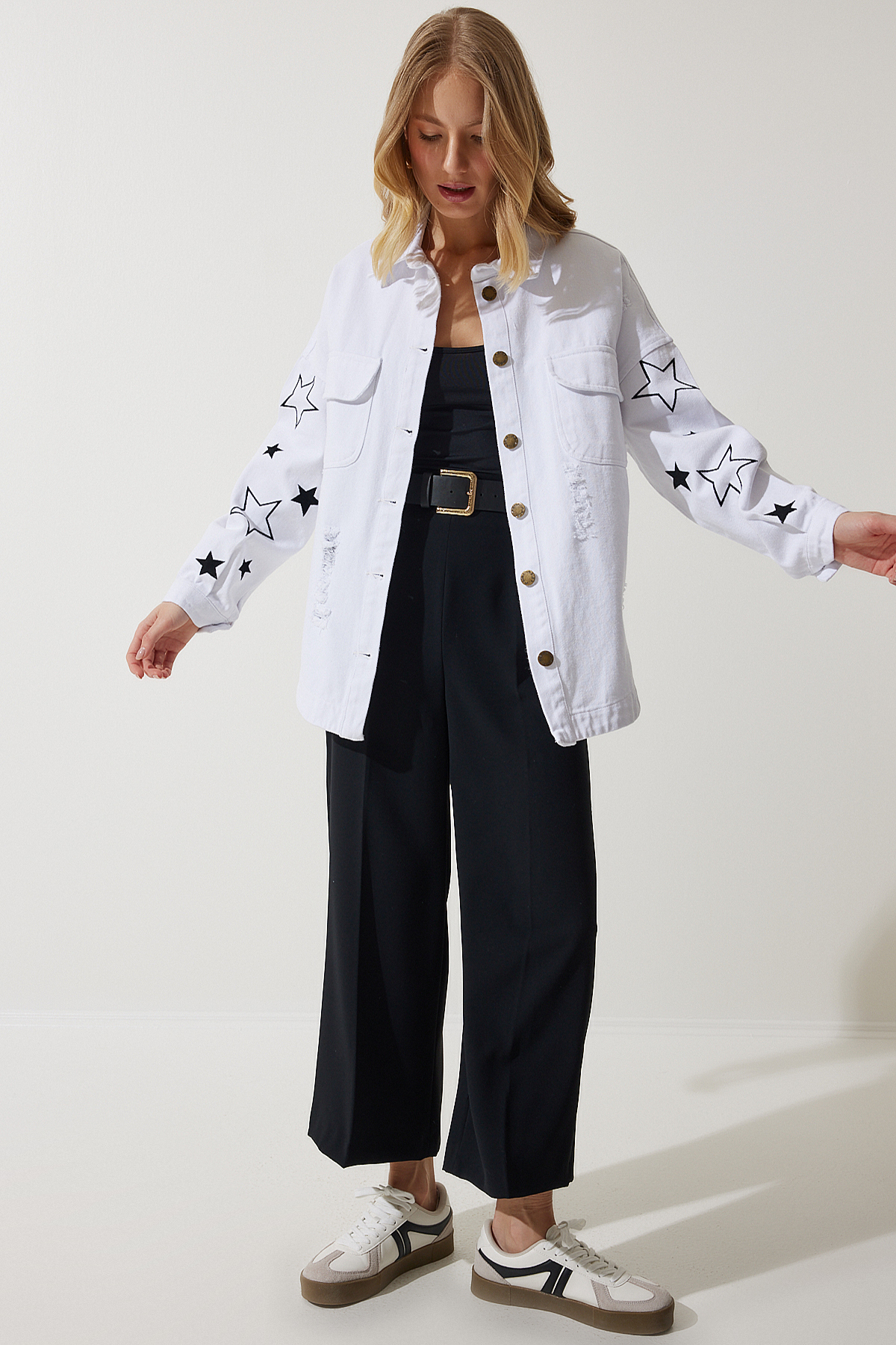 Happiness İstanbul Women's White Star Embroidered Oversize Shirt Jacket