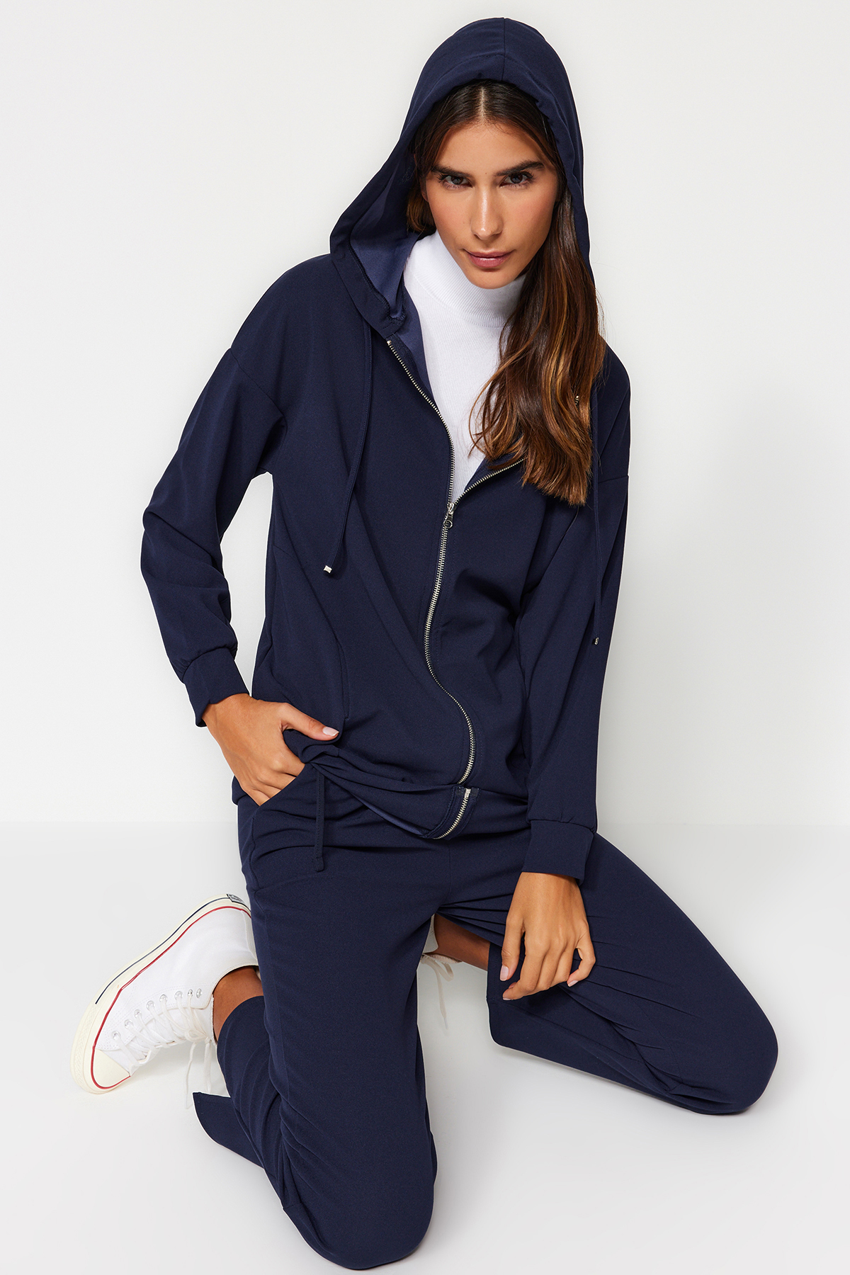 Trendyol Navy Blue Hooded Zippered Knitted Tracksuit Set