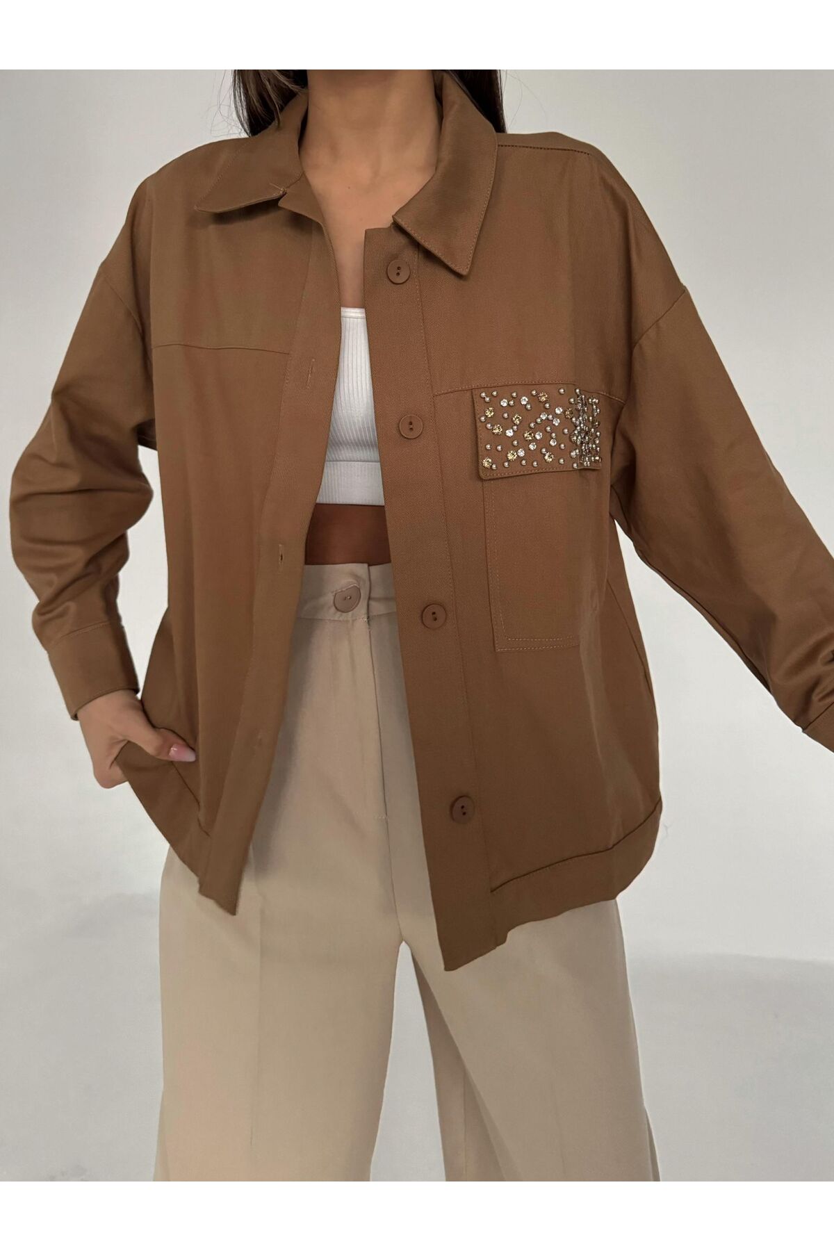 Laluvia Brown 100% Cotton Pocket Detailed Gabardine Shirt