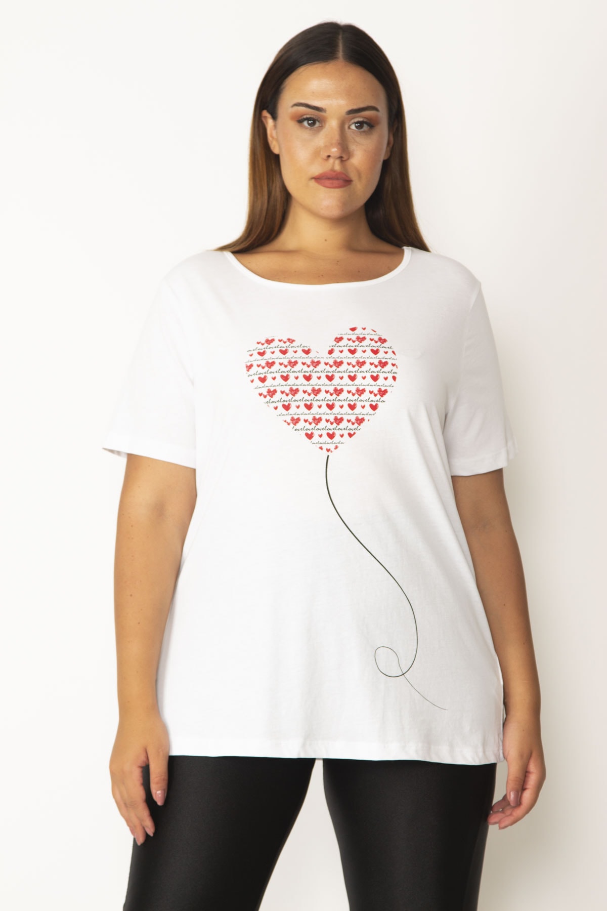 Şans Women's Plus Size White Cotton Fabric Heart Printed Blouse