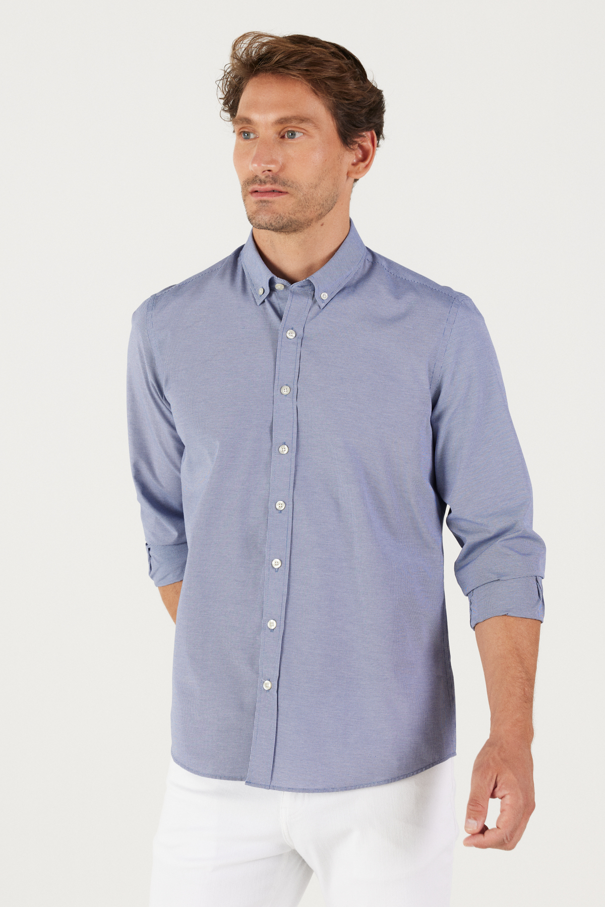 Levně AC&Co / Altınyıldız Classics Men's Navy Blue Slim Fit Slim Fit Oxford Buttoned Collar Gingham Cotton Shirt.