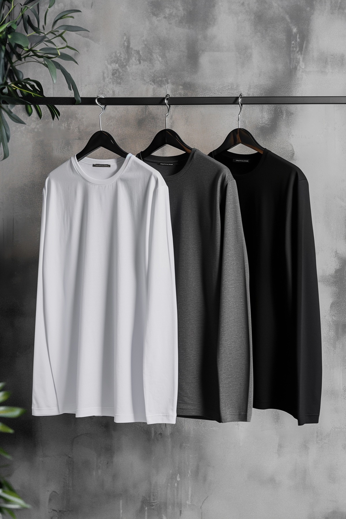 Trendyol antracitovo-bielo-čierne pánske tričko s dlhým rukávom bežného/normálneho strihu 3-pack základné tričko zo 100% bavlny