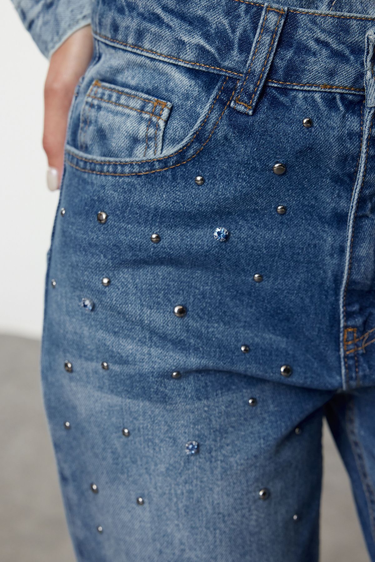 Trendyol Blue Stone Detailed High Waist Wide Leg Jeans