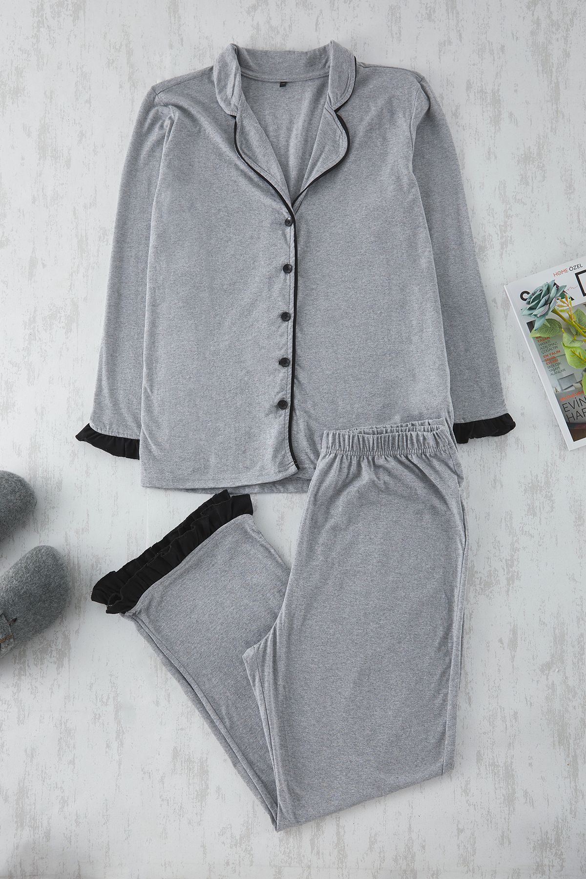 Trendyol Curve Grey Melange Shirt Collar Flounce Detailed Knitted Pajama Set