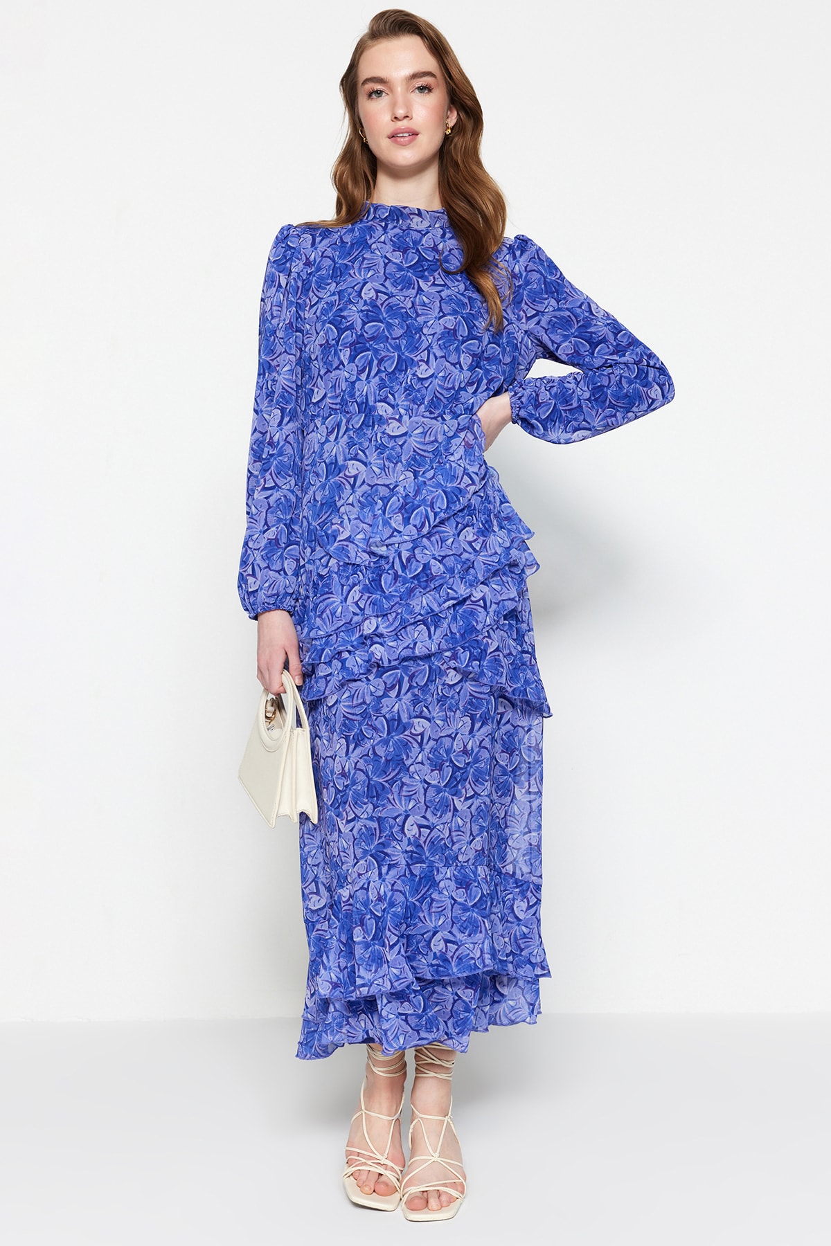 Levně Trendyol modrá květinová sukně volánková podšívka tkané šifonové šaty