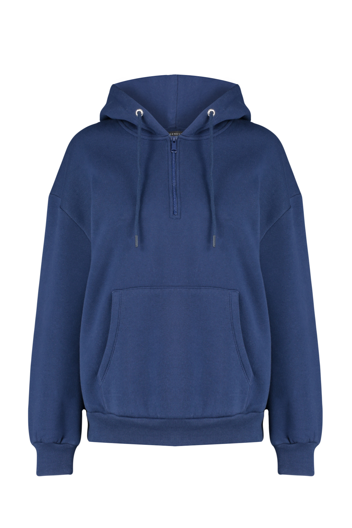 Levně Trendyol Navy Blue Thick Fleece Hooded and Zippered Basic Oversized Knitted Sweatshirt
