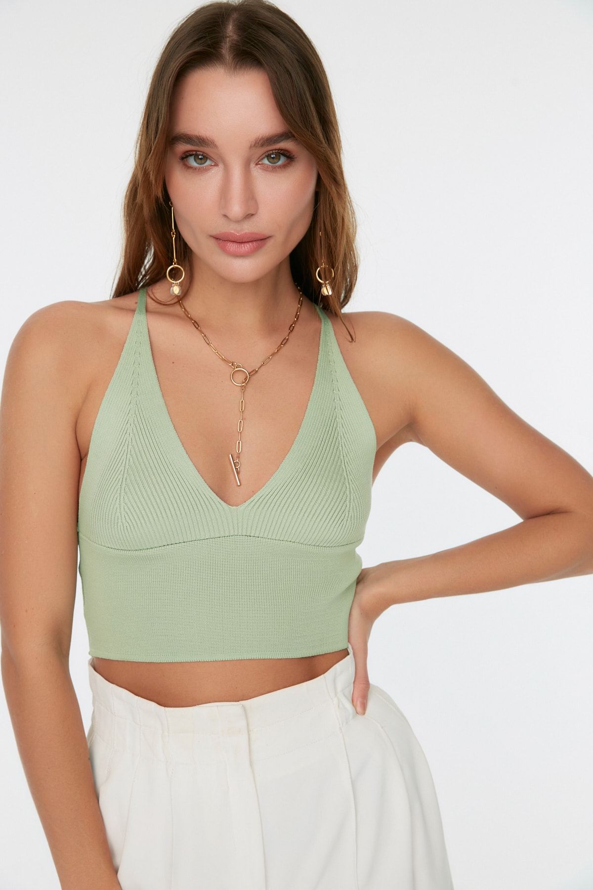 Trendyol Mint Super Crop Back Detailed Knitted Thin Blouse