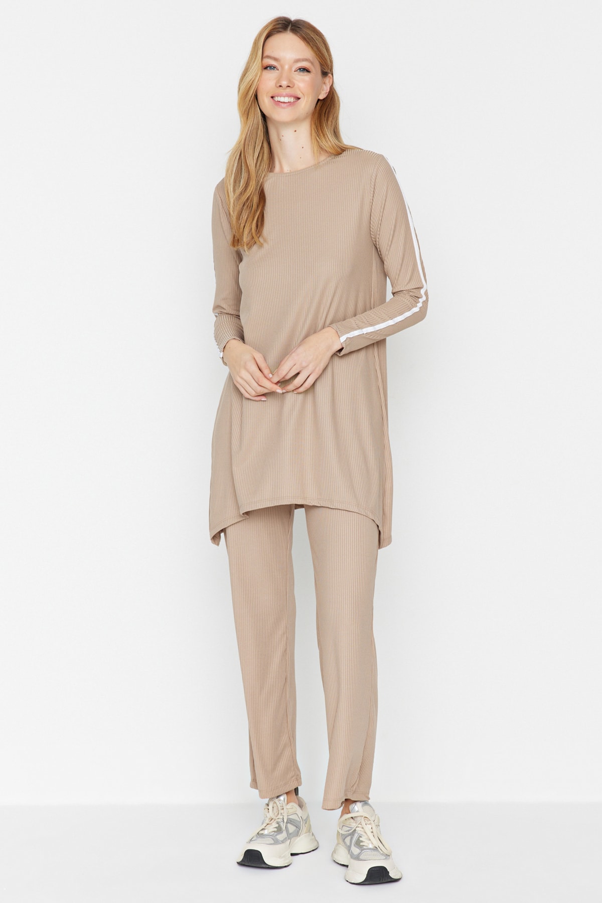 Trendyol Mink Stripe Detailed Tunic-Pants Knitted Suit