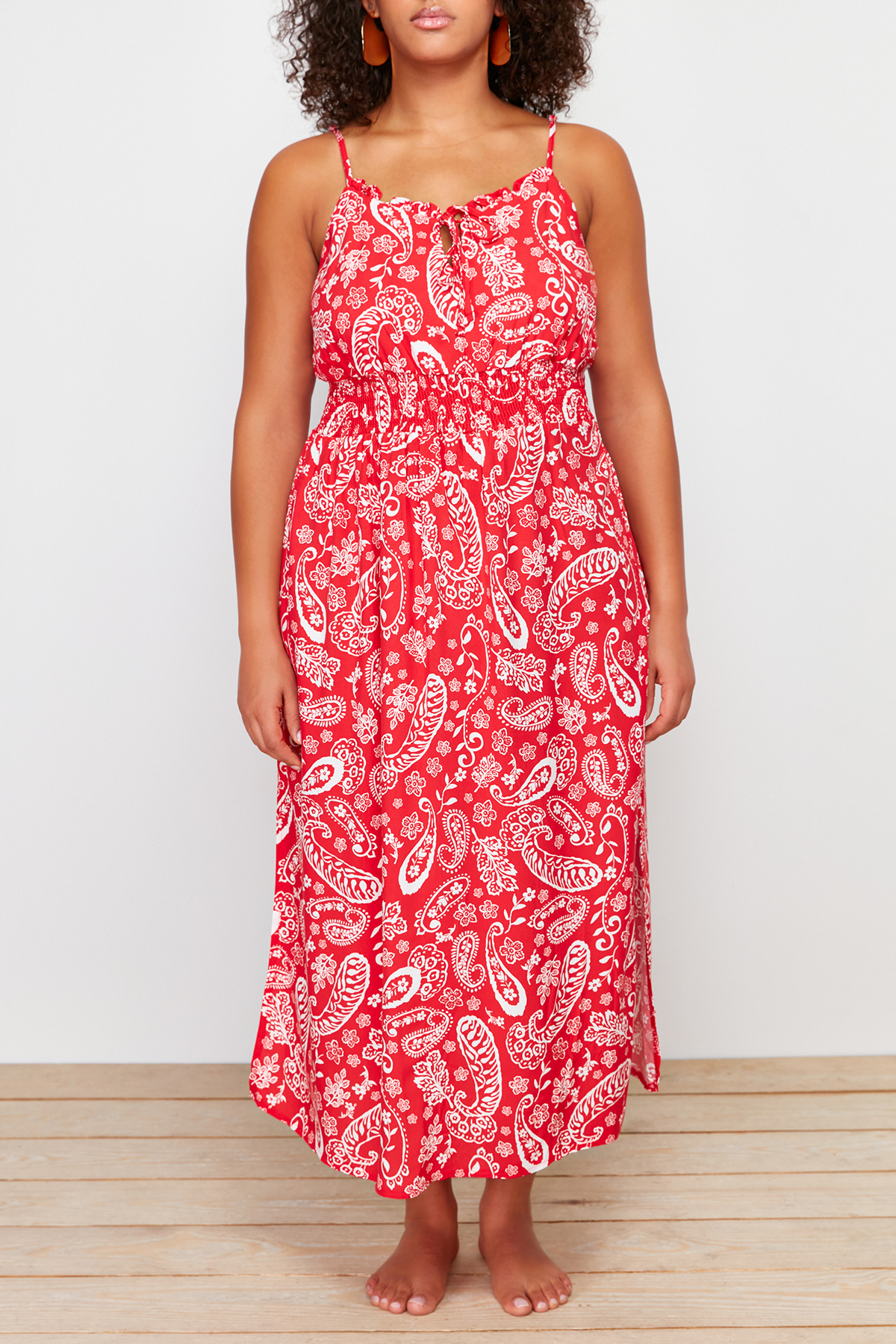 Trendyol Curve Multicolored Ethnic Pattern Elastic Waist Woven Strap Plus Size Beach Dress