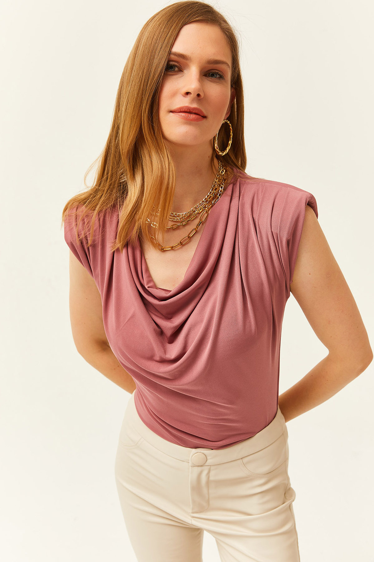 Olalook Women's Pale Pink Waistband Detail Collar Flowy Blouse