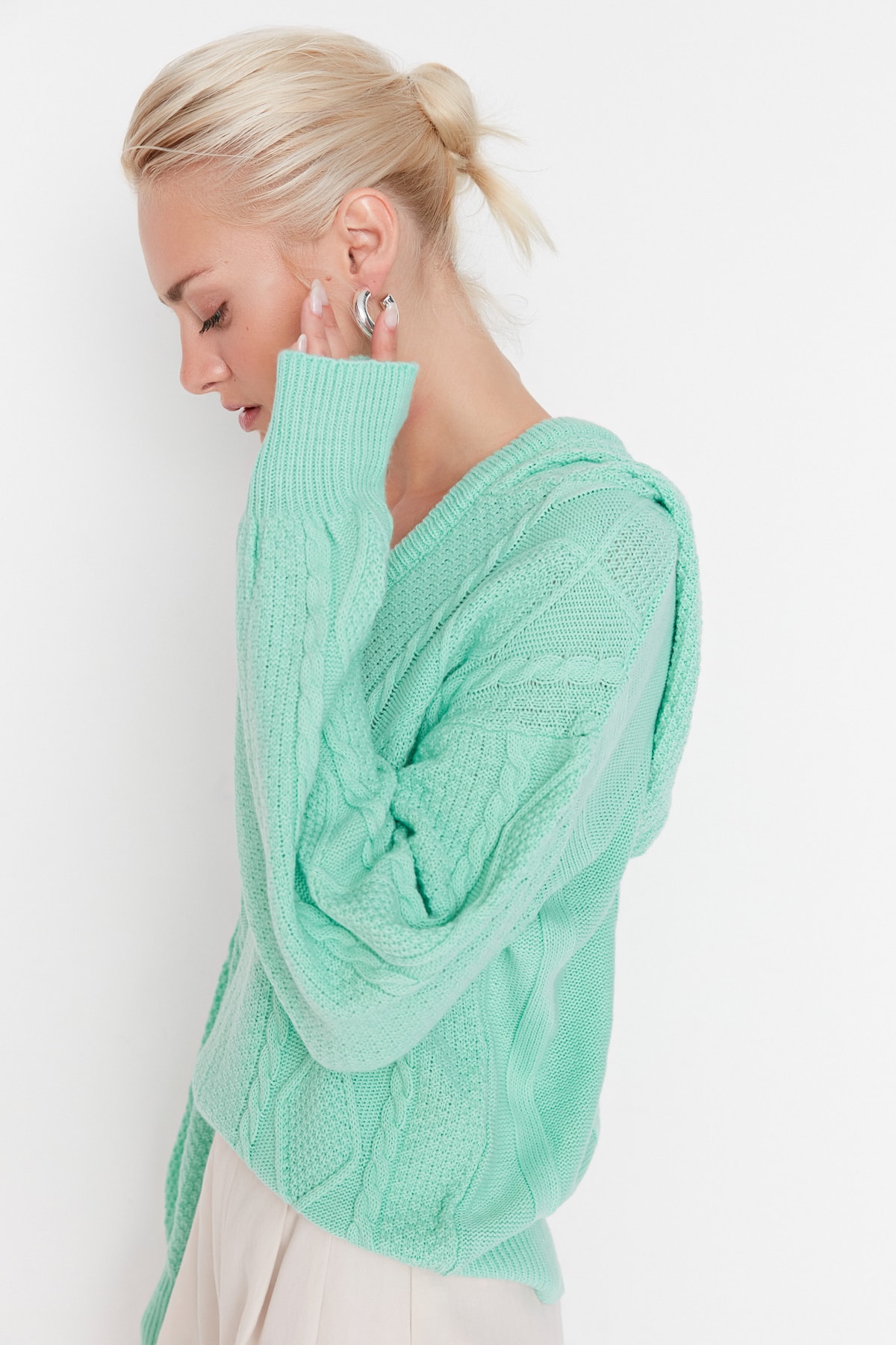 Trendyol Green Hooded Knitwear Sweater