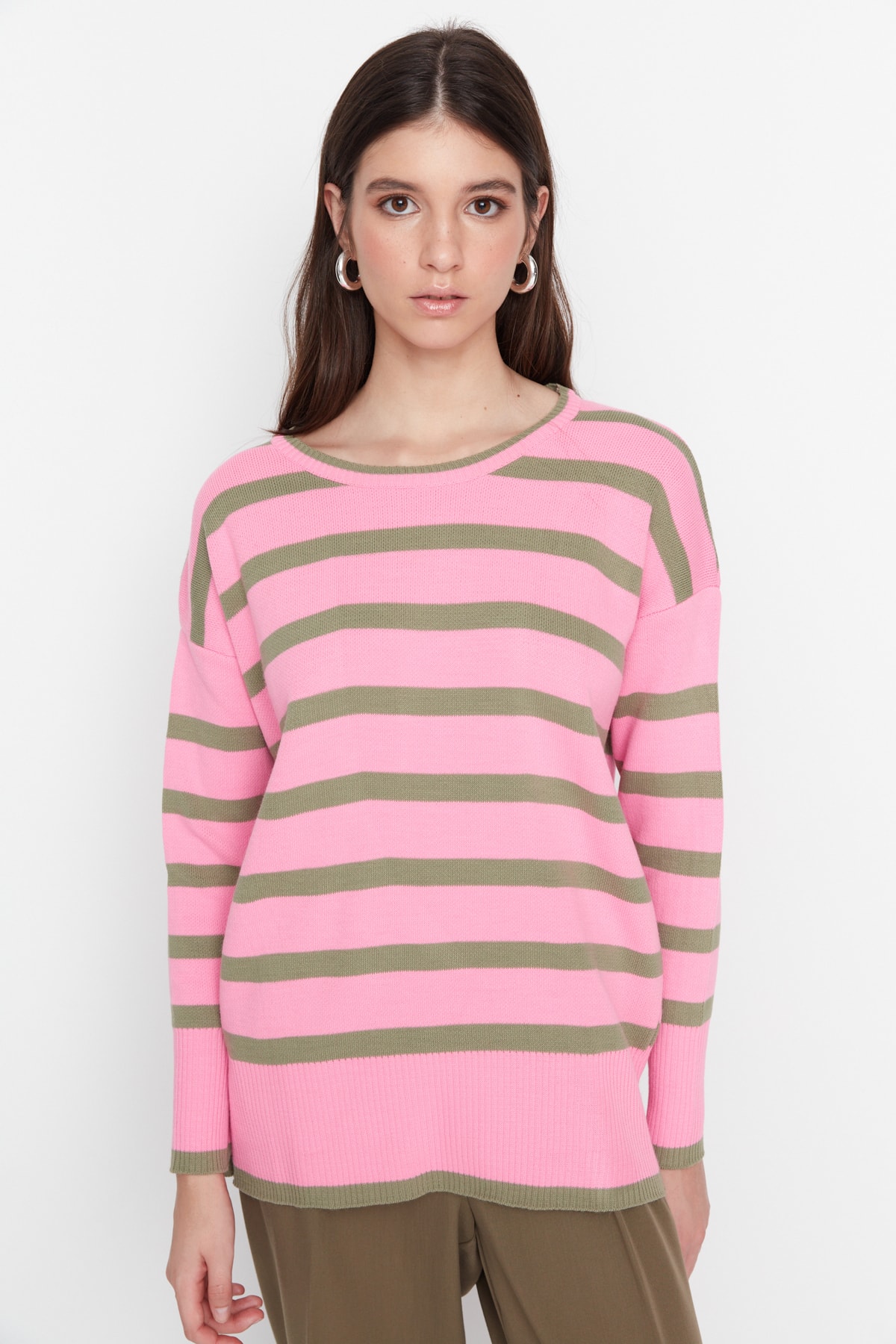 Trendyol Khaki Basic Striped Knitwear Sweater