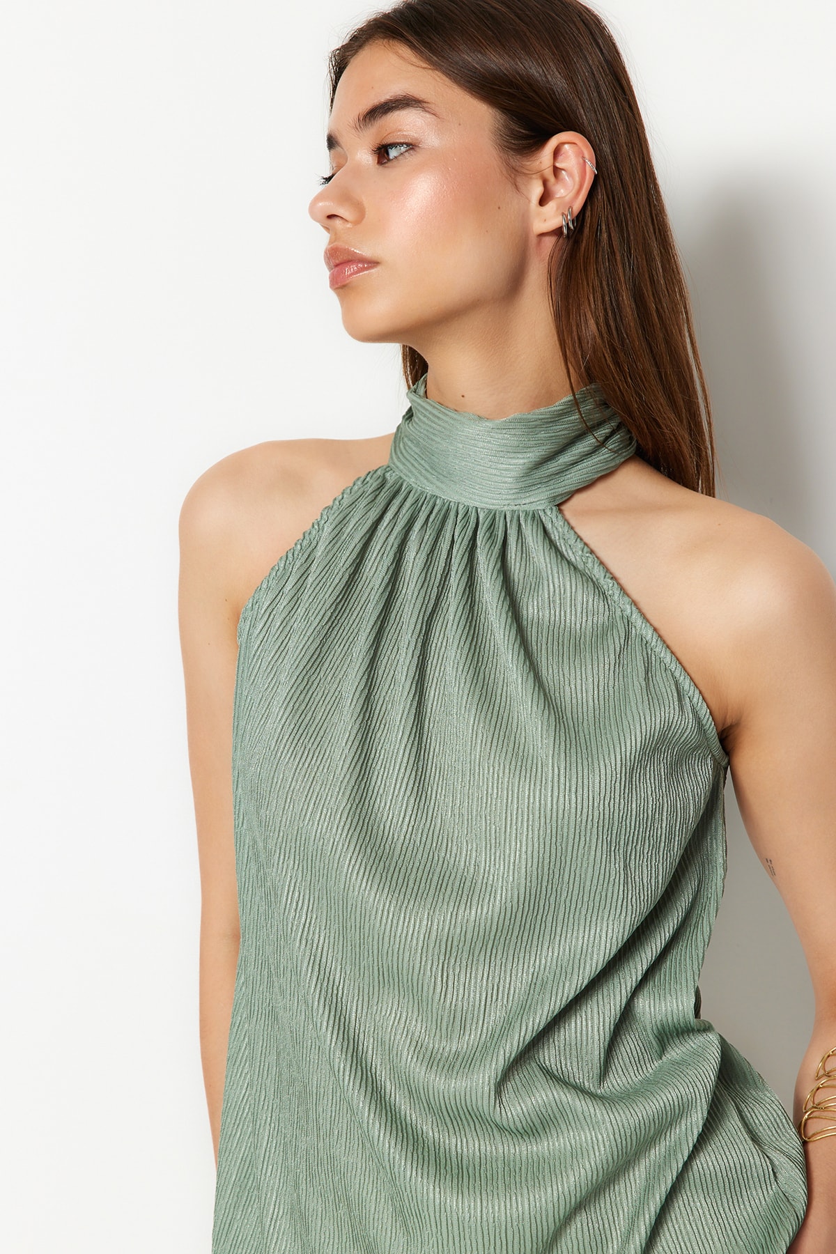 Trendyol Mint High Neck Regular Fit Pleated Knitted Blouse