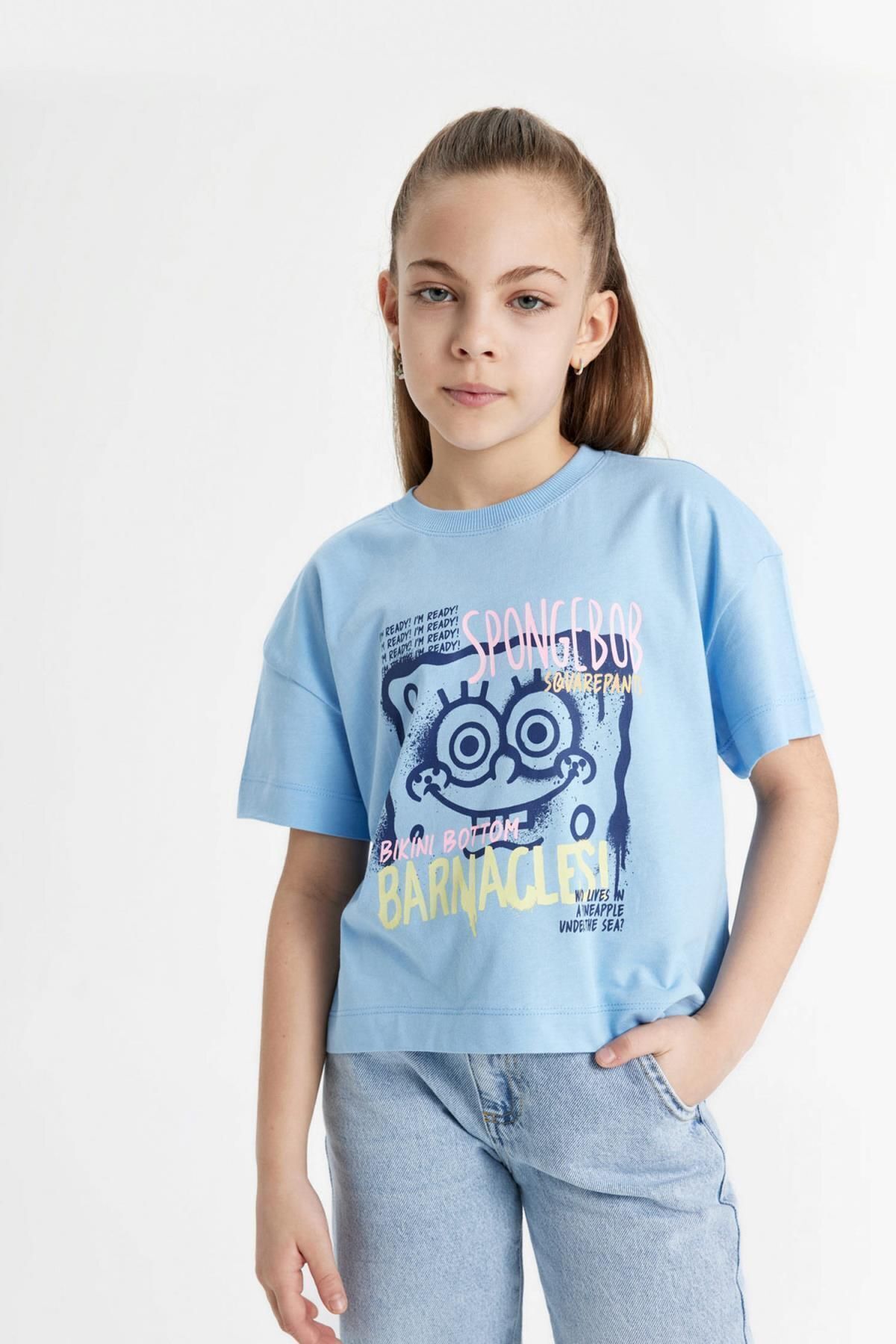 DEFACTO Girls Spongebob Crew Neck Short Sleeve Crop T-Shirt