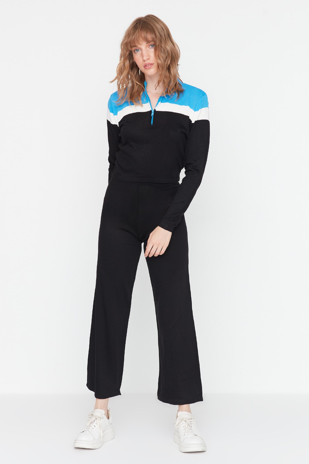 Trendyol Blue Color Block Knitwear Top and Bottom Set