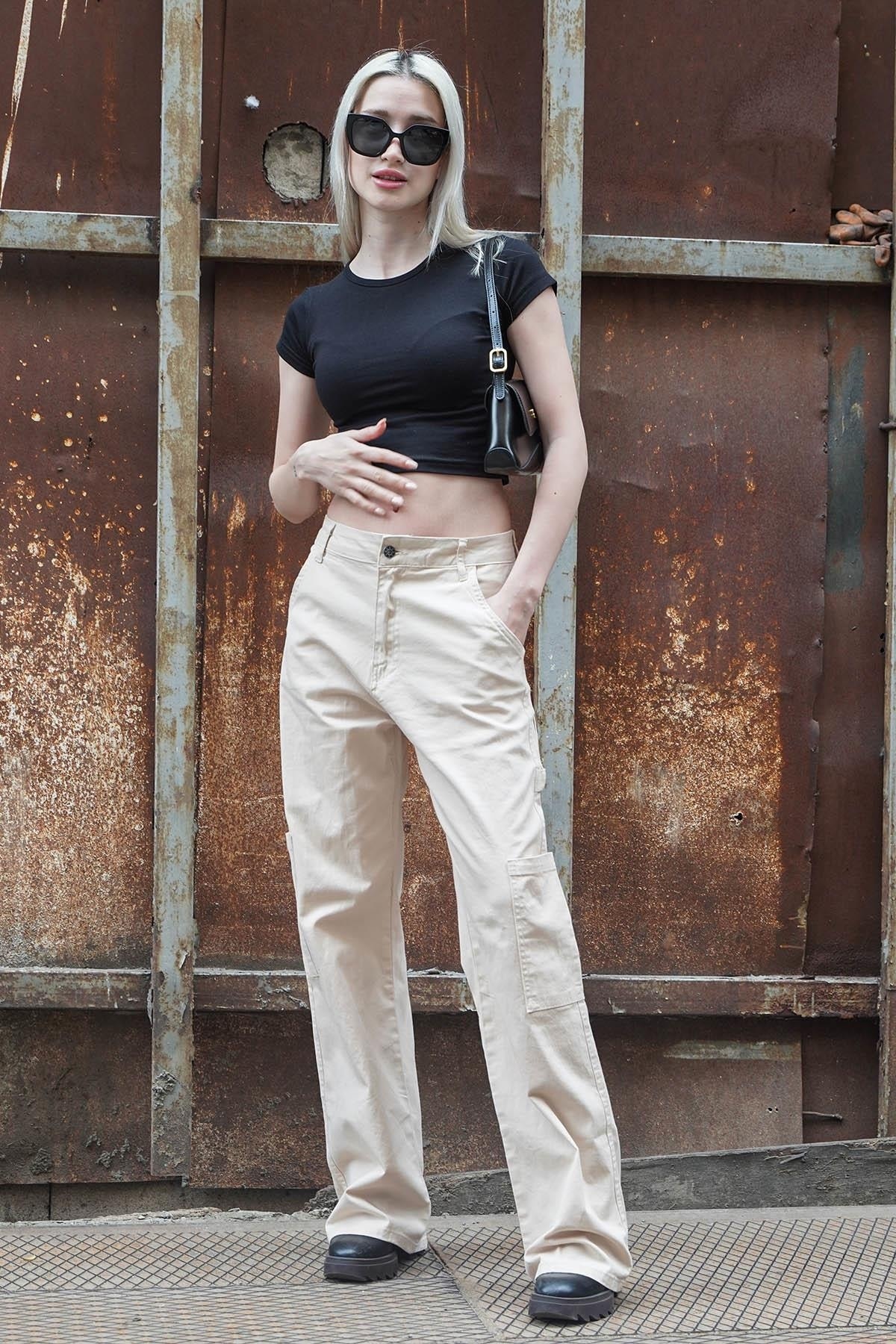 Madmext Beige Straight Fit Cargo Trousers
