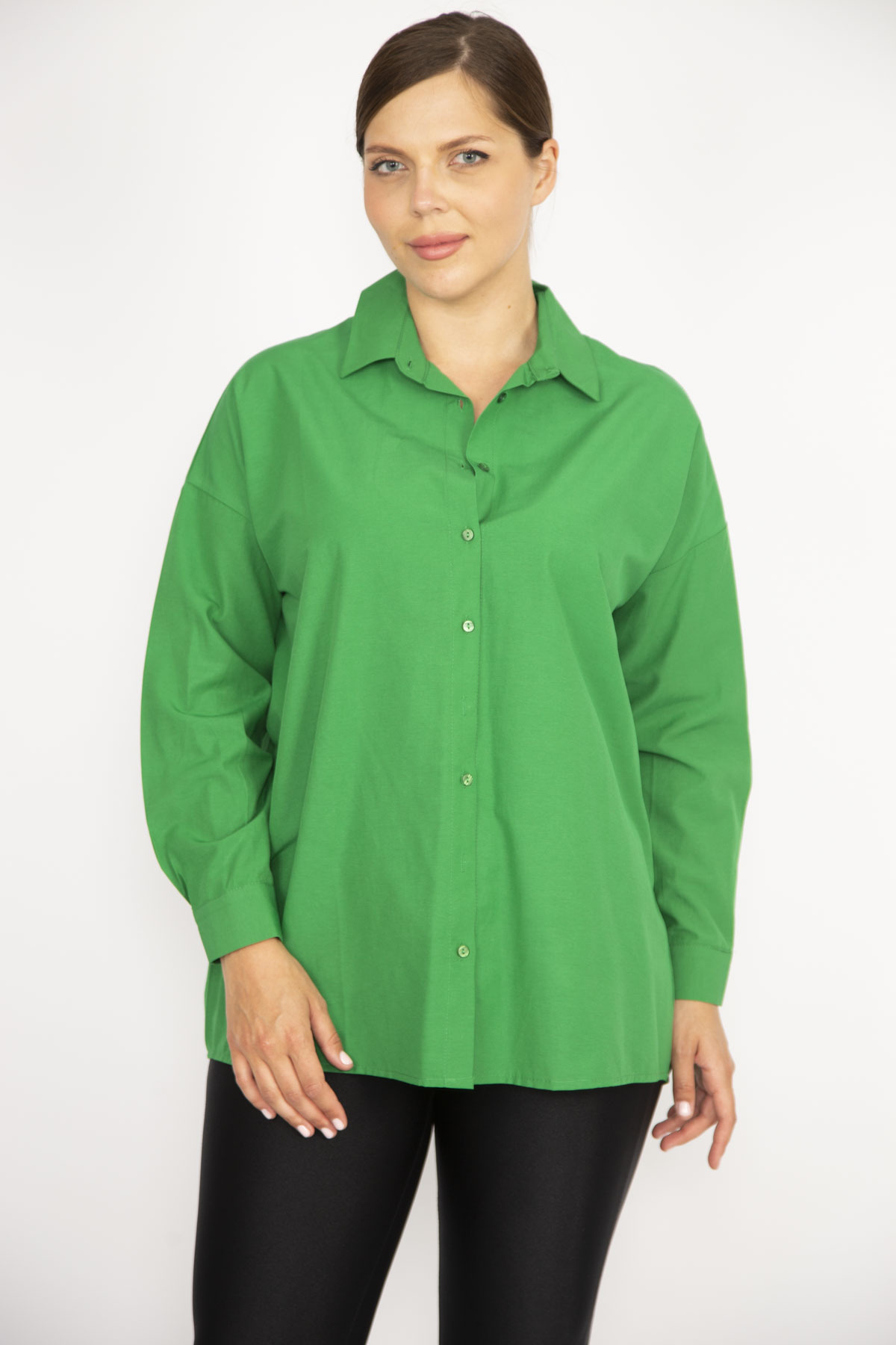 Levně Şans Women's Large Size Green Shirt with Buttons and Long Sleeves, Green