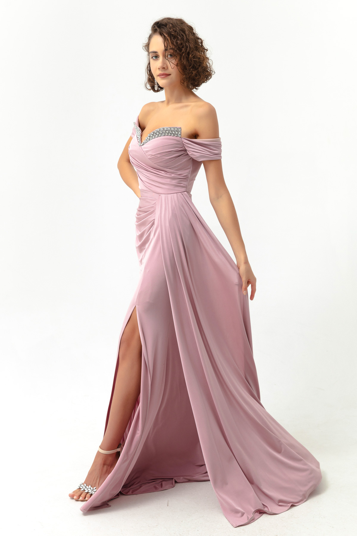 Levně Lafaba Women's Powder Collar Stoned Tail Long Evening Dress