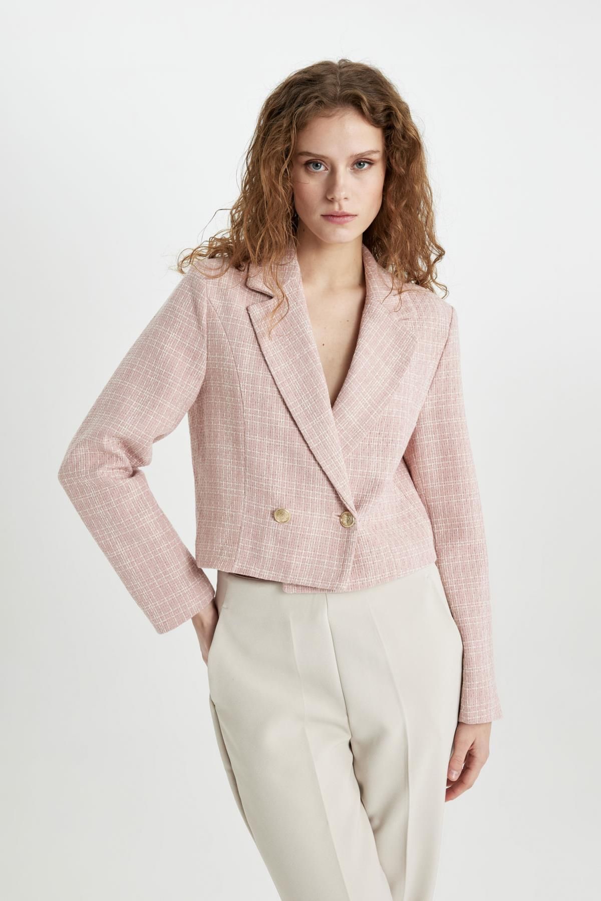 DEFACTO Crop Jacket Lapel Tweed Blazer Jacket