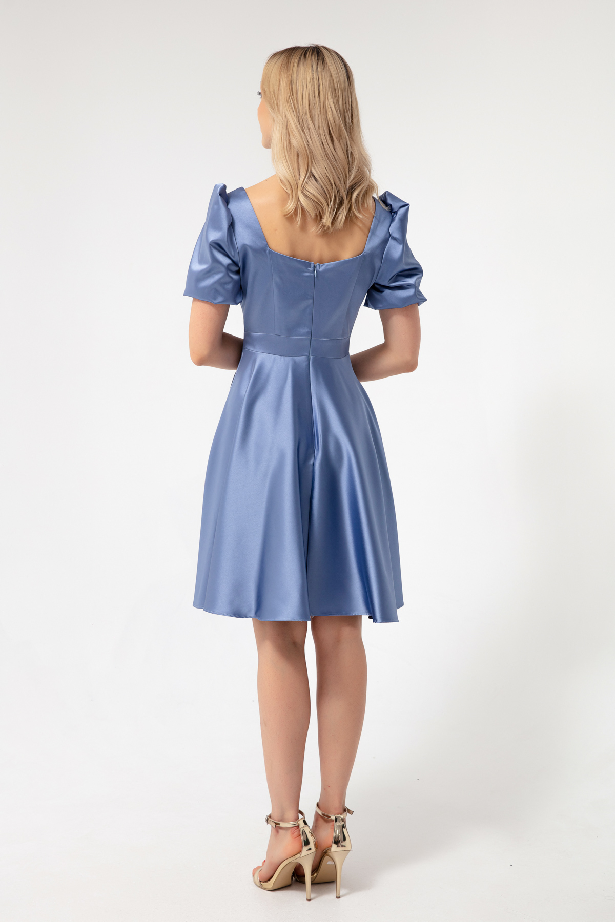 Lafaba Women's Indigo Balloon Sleeve Flared Cut Midi Satin Evening Dress