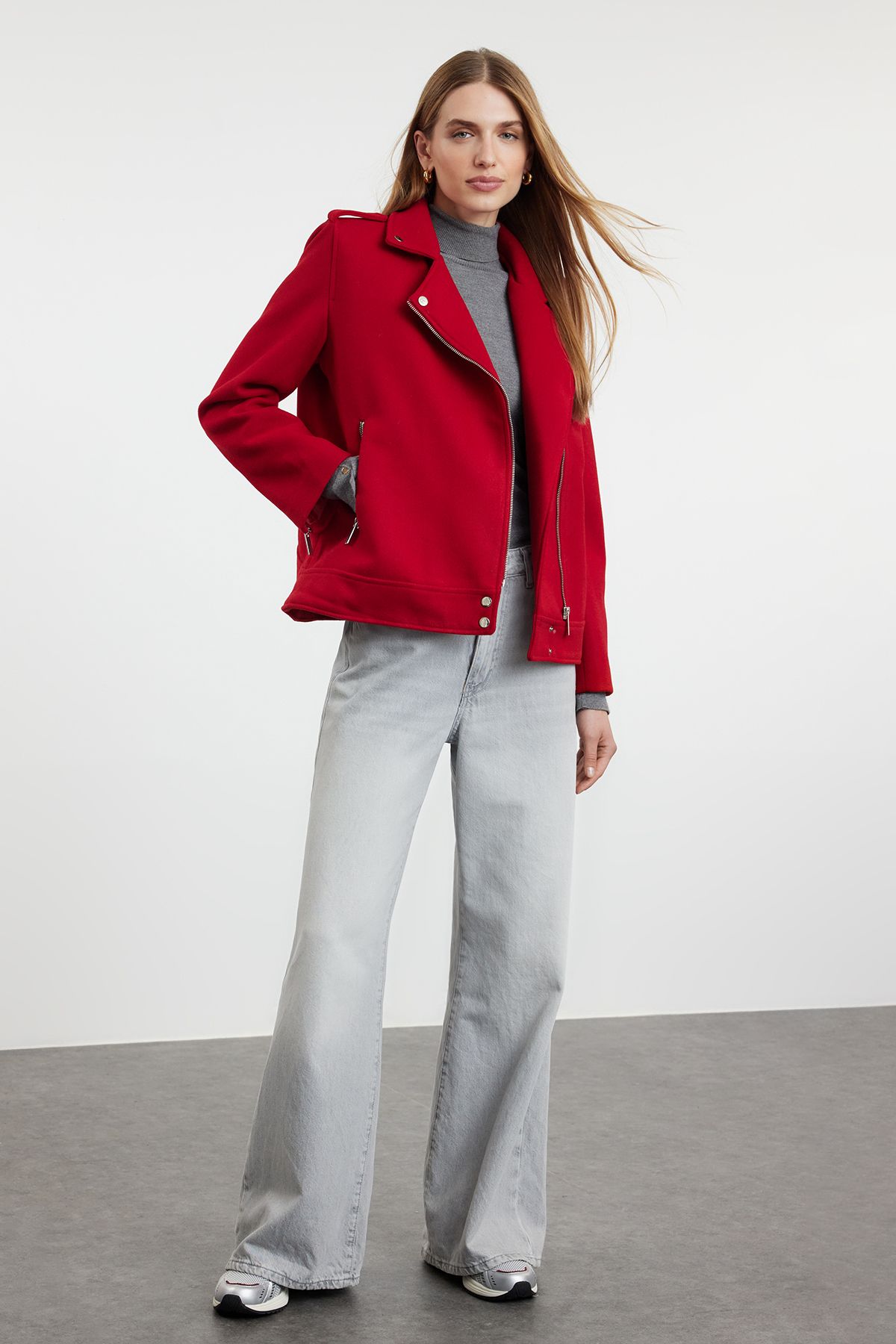 Trendyol Red Regular Cashmere Biker Thin Jacket Coat