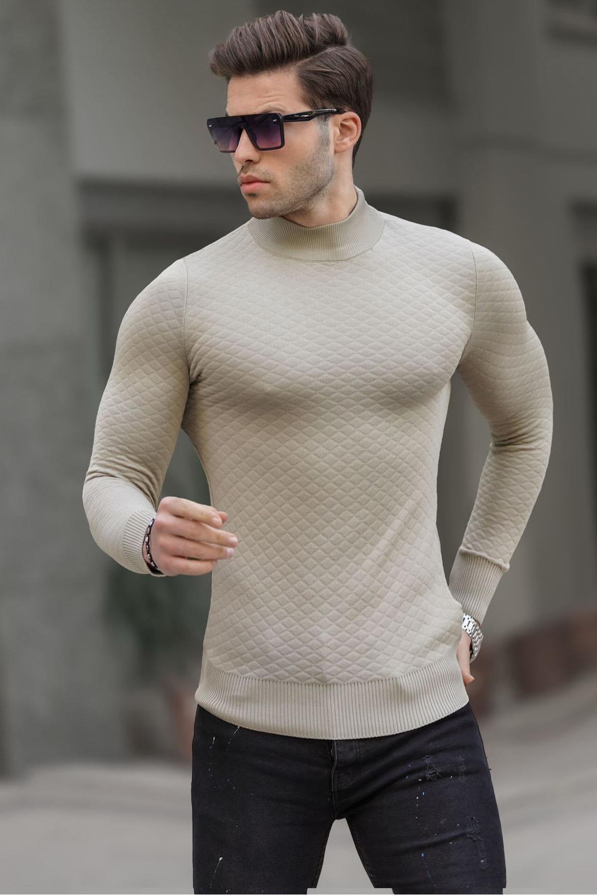 Levně Madmext Men's Beige Turtleneck Knitwear Sweater 6857
