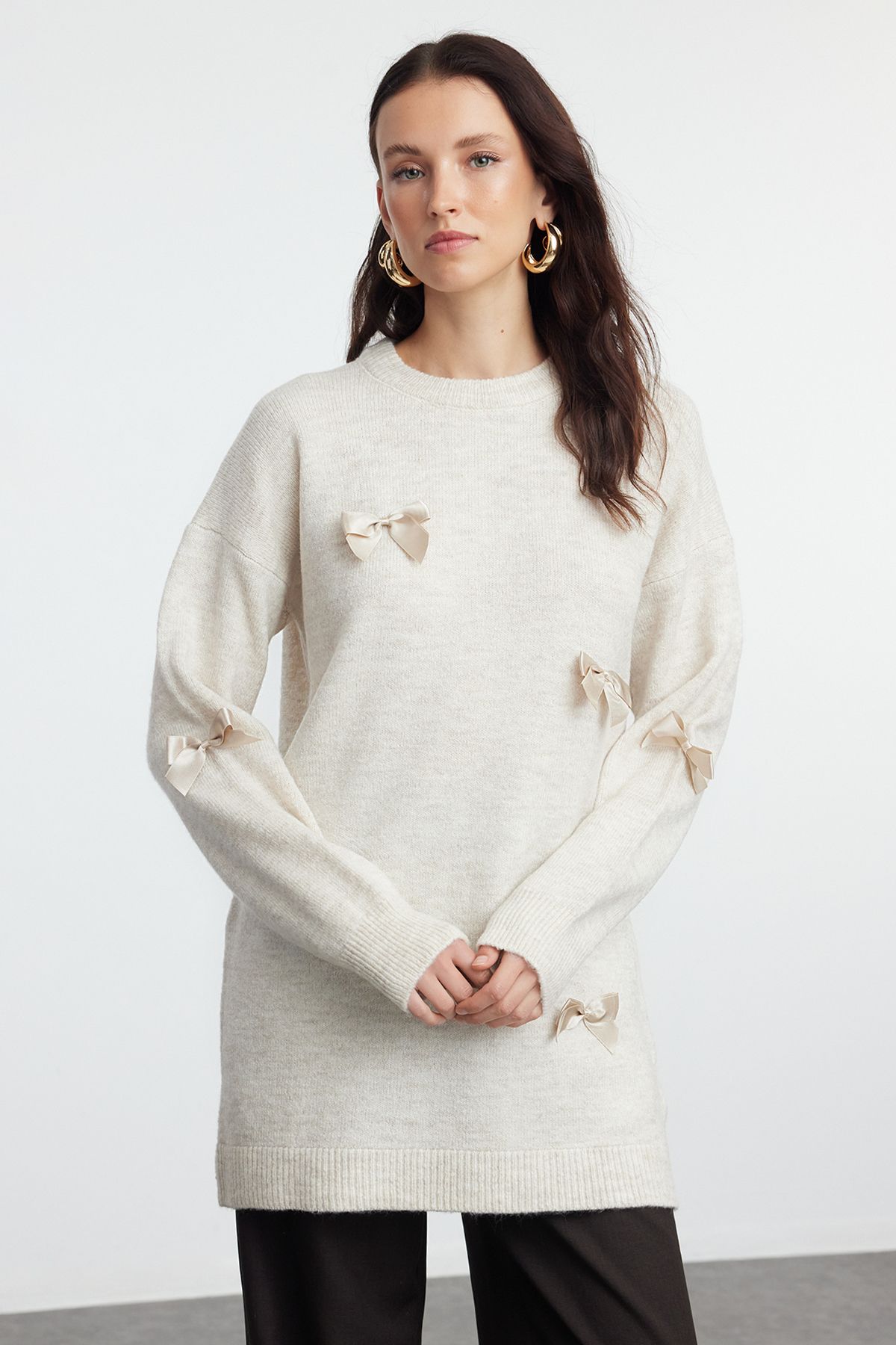 Trendyol Stone Knitwear Bow Detailed Sweater