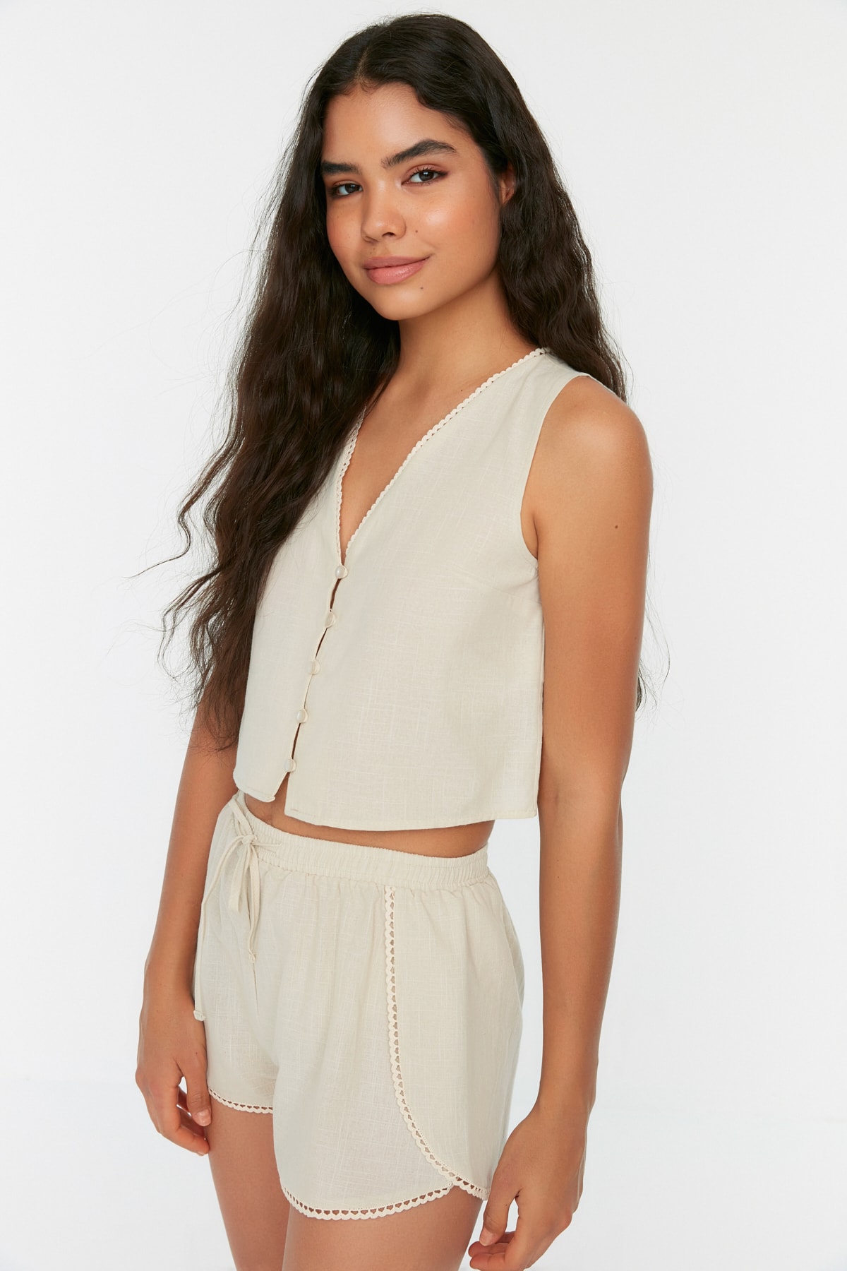 Trendyol Ecru Stripe Detailed Woven Pajamas Set