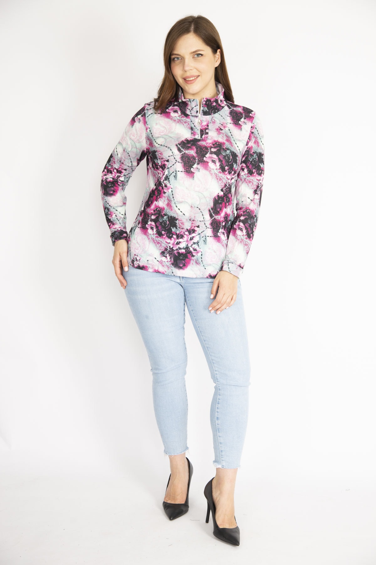 Levně Şans Women's Colorful Plus Size Front Pat Zipper Long Sleeve Blouse