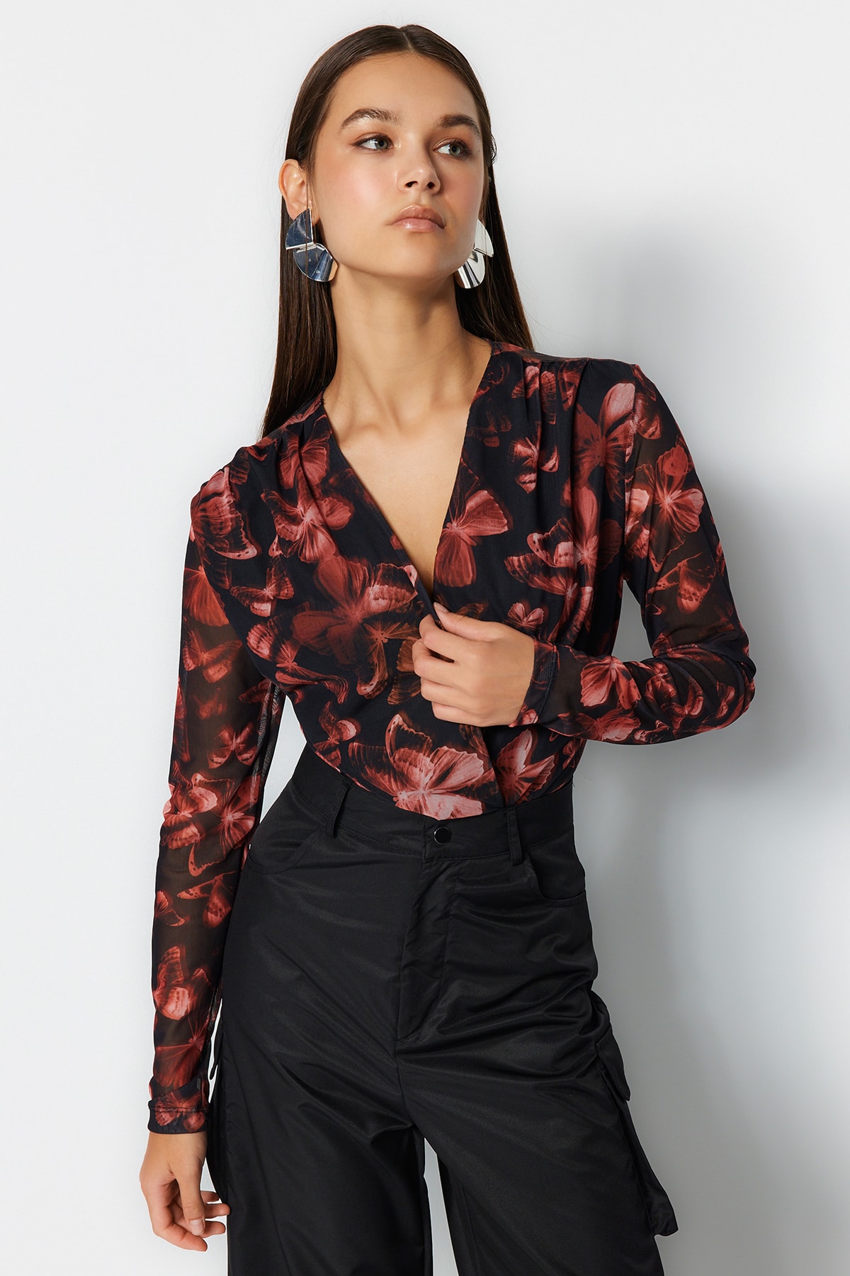 Trendyol Black Printed Double Breasted Neck Long Sleeve Snap Fastener Flexible Tulle Knitted Body