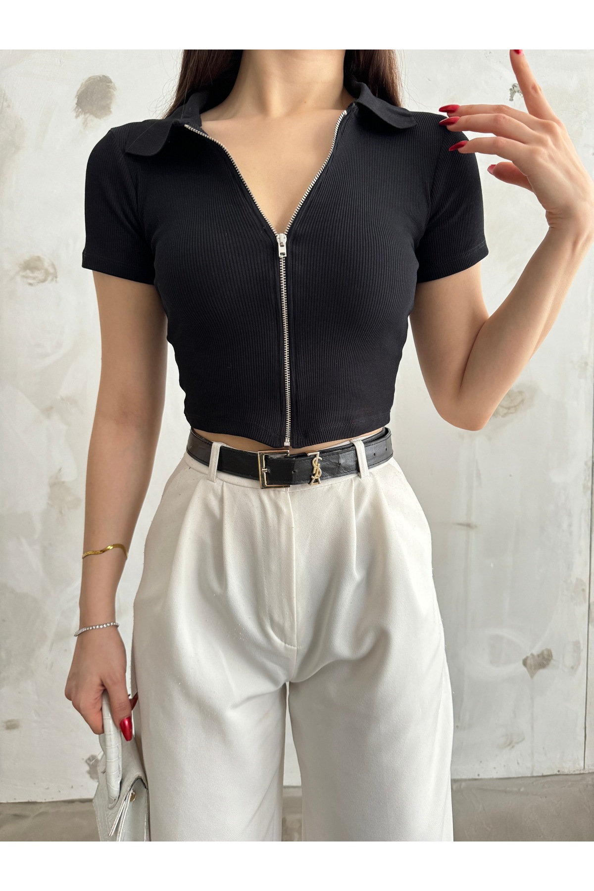 BİKELİFE Women's Zipper Polo Neck Ribbed Short Sleeve Camisole Crop Blouse