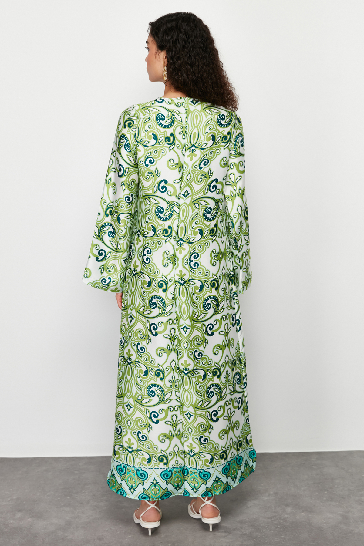 Trendyol Green Satin Surface Ethnic Patterned Evening Dress