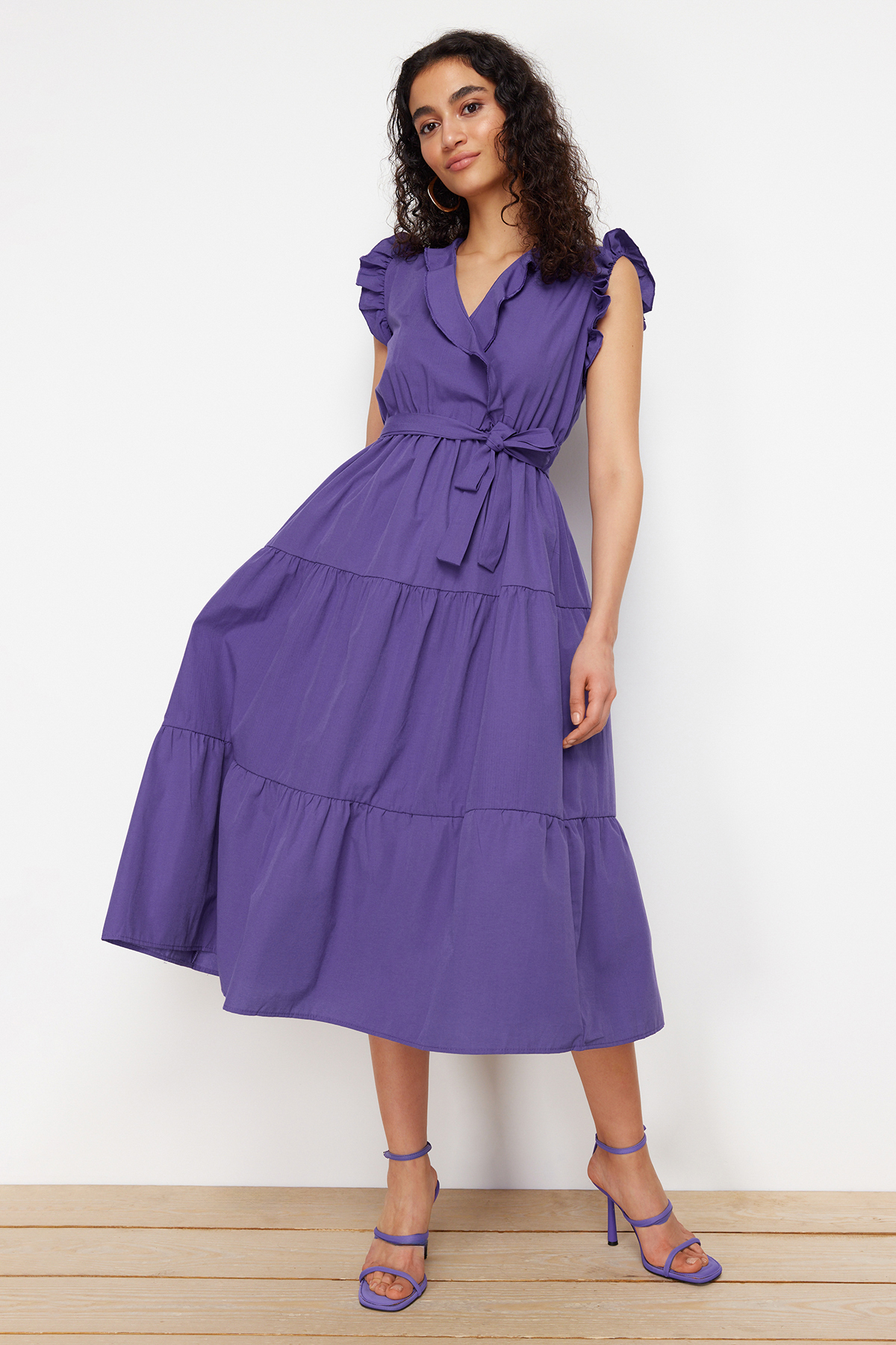 Trendyol Purple Belted A-line Double Breasted Collar Midi Woven Dress
