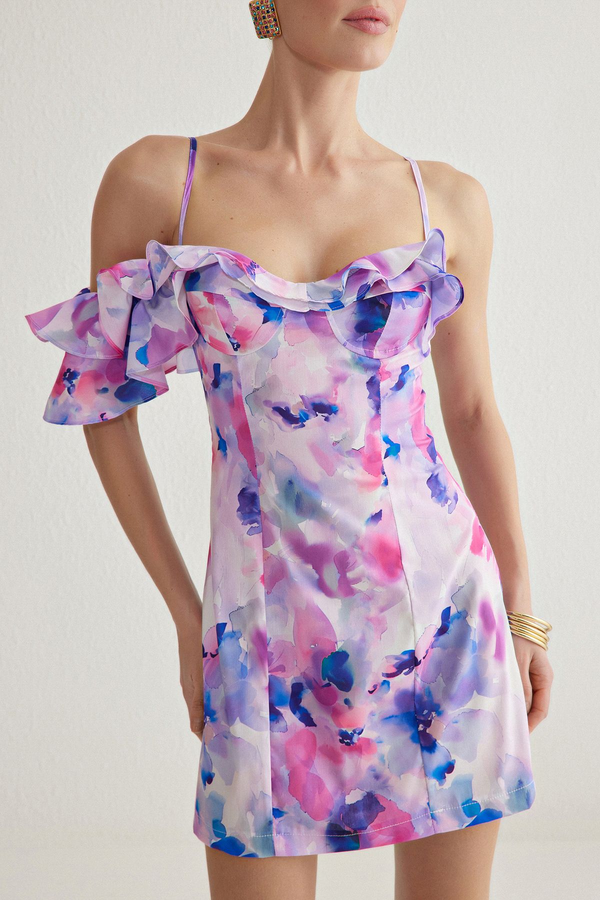 Trendyol Multicolored Bodycon Frilled Floral Patterned Woven Short Elegant Dress