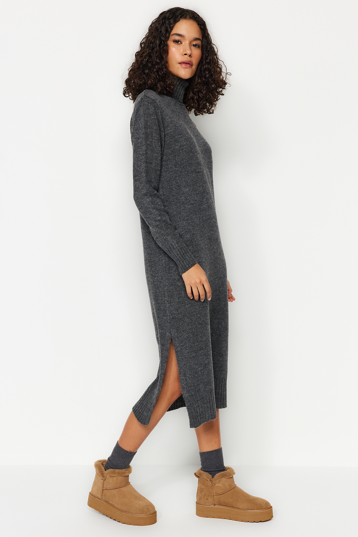 Trendyol Anthracite Midi Knit Wide Pattern Soft Texture Dress