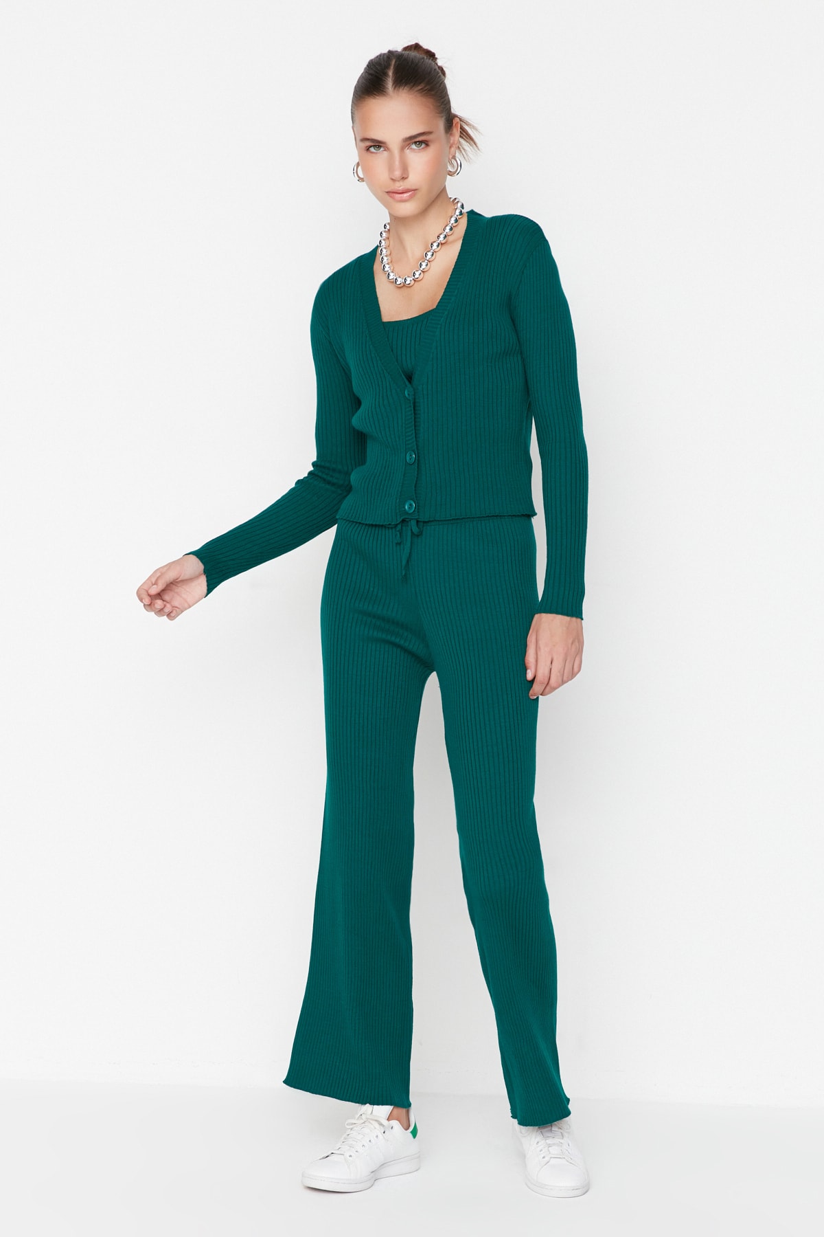Trendyol Emerald Green Ribbed Blouse, Cardigan, Pants, Sweater Top-Top Suit