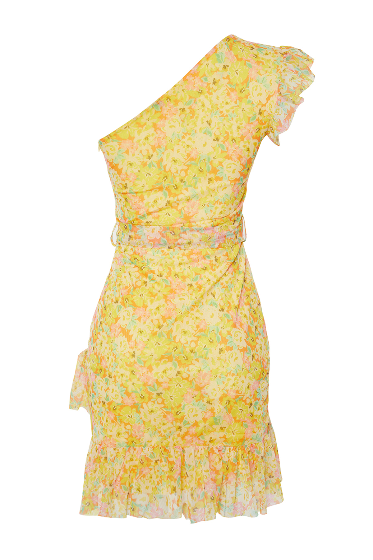 Trendyol Multicolored Patterned One Sleeve Detailed Ruffle Lined Flexible Knitted Mini Dress