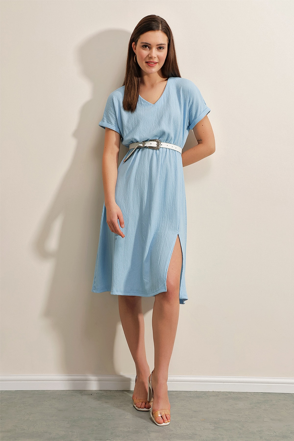 Bigdart 2378 V Neck Slit Knitted Dress - Blue