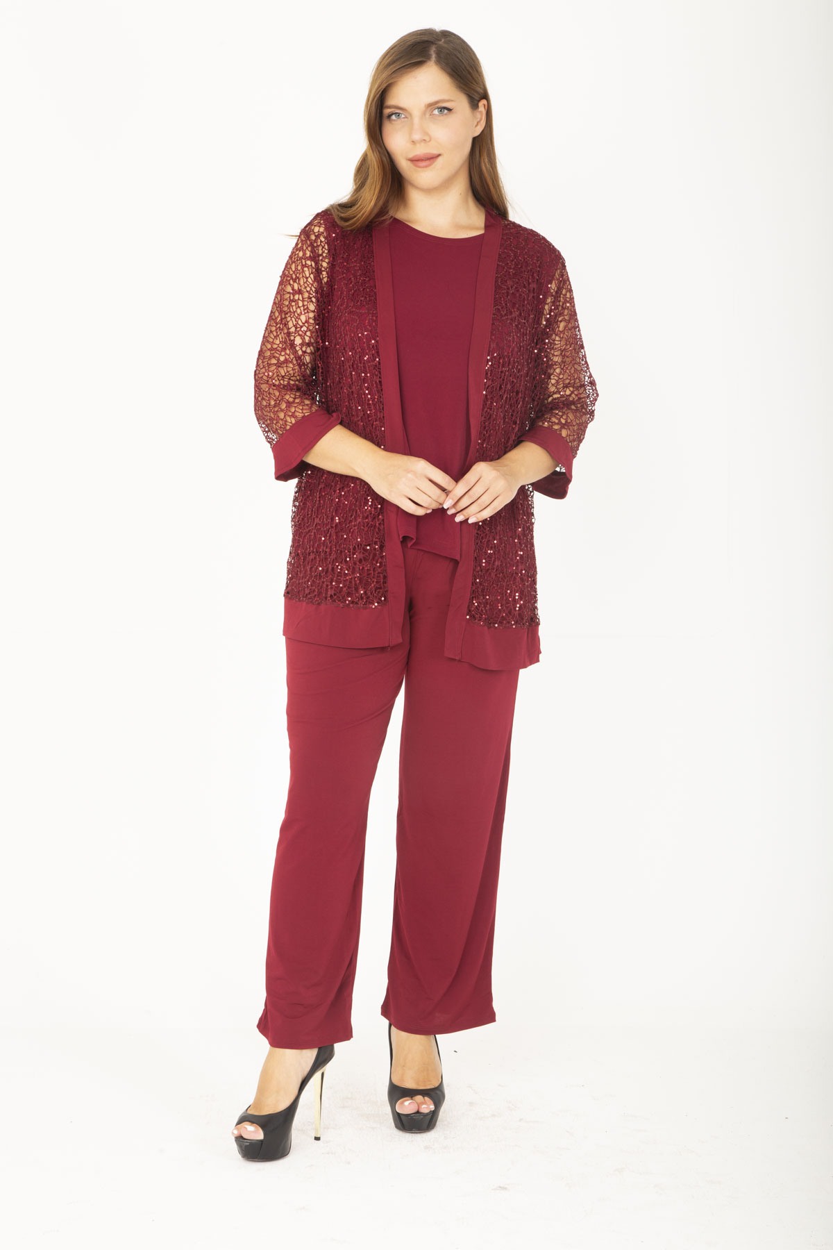 Şans Women's Plus Size Claret Red Lace Cardigan Set, 3 Pieces With Blouse And Pants