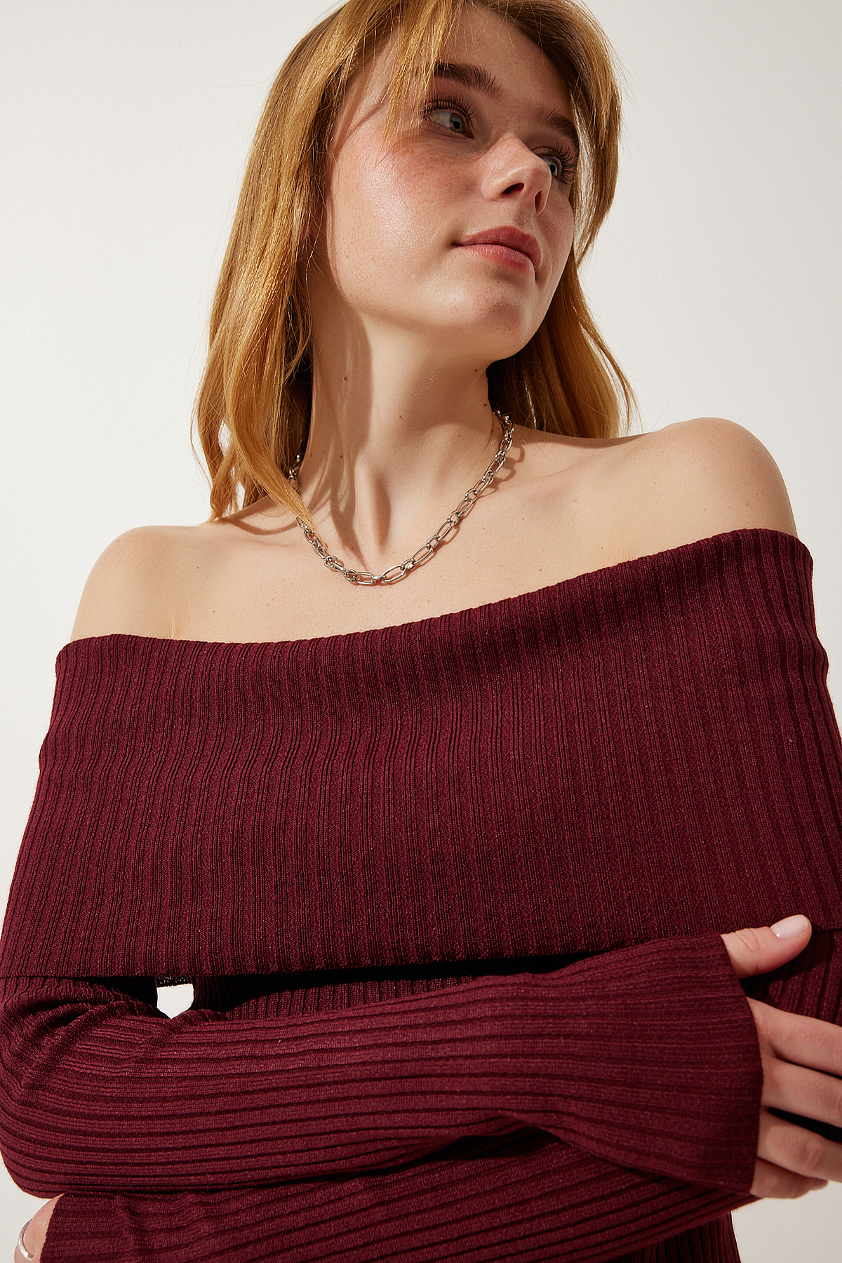 Happiness İstanbul Women's Burgundy Madonna Collar Knitwear Sweater
