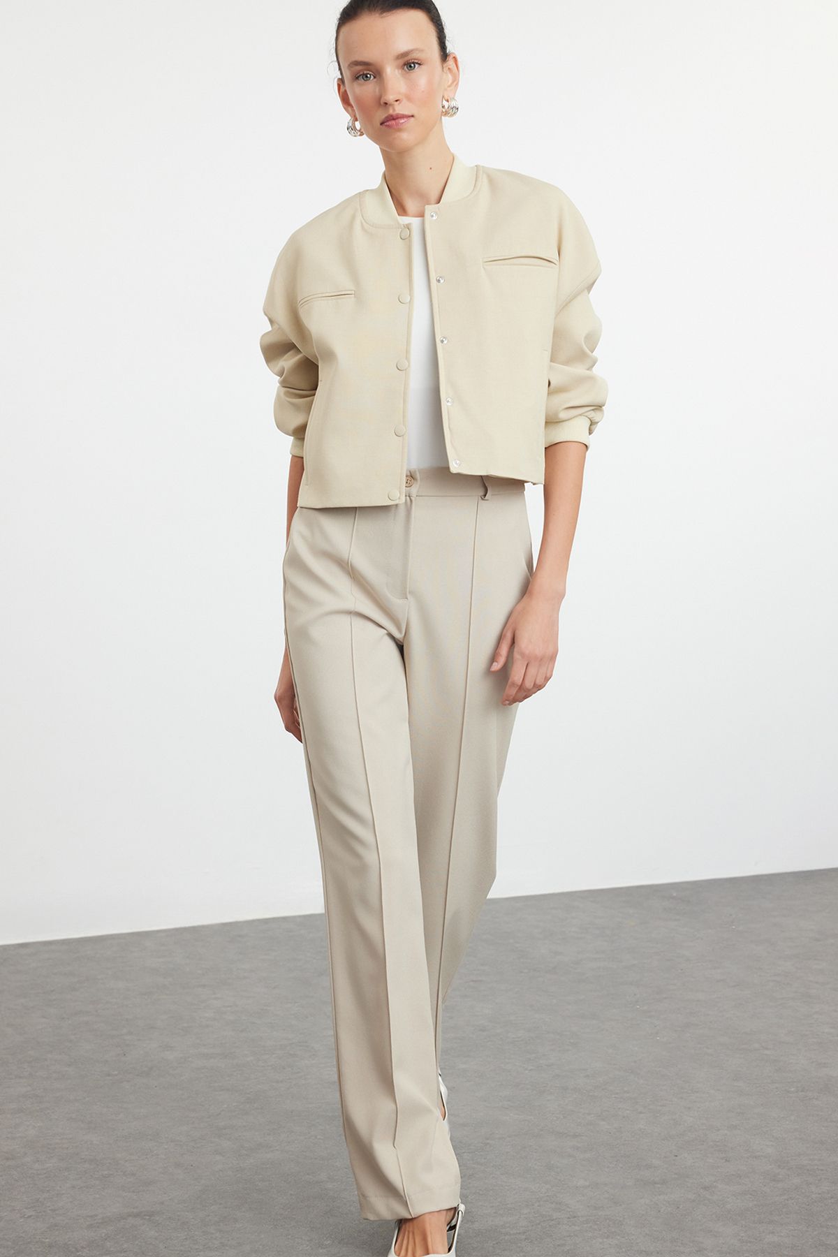 Trendyol Mink Straight/Straight Fit High Waist Ribbed Stitched Woven Trousers