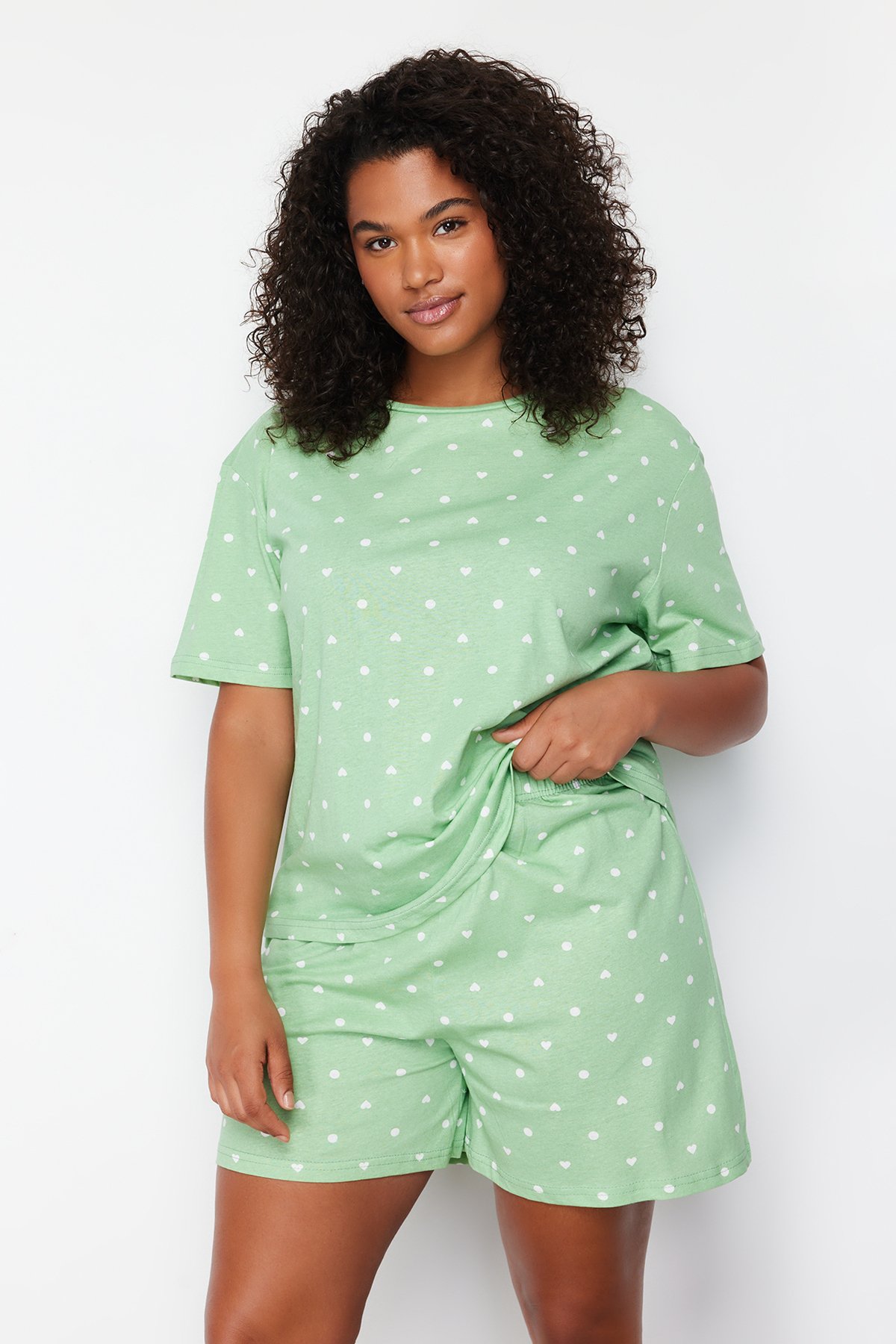 Trendyol Curve Mint Heart Patterned Knitted Pajamas Set