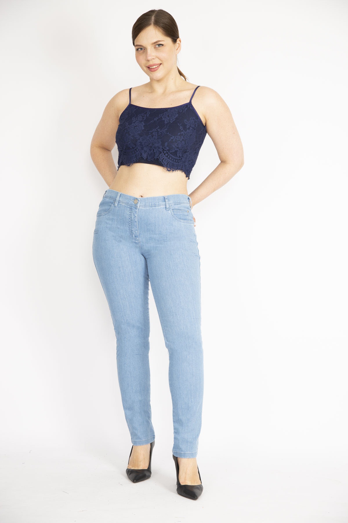 Levně Şans Women's Blue Large Size 5 Pocket Jeans